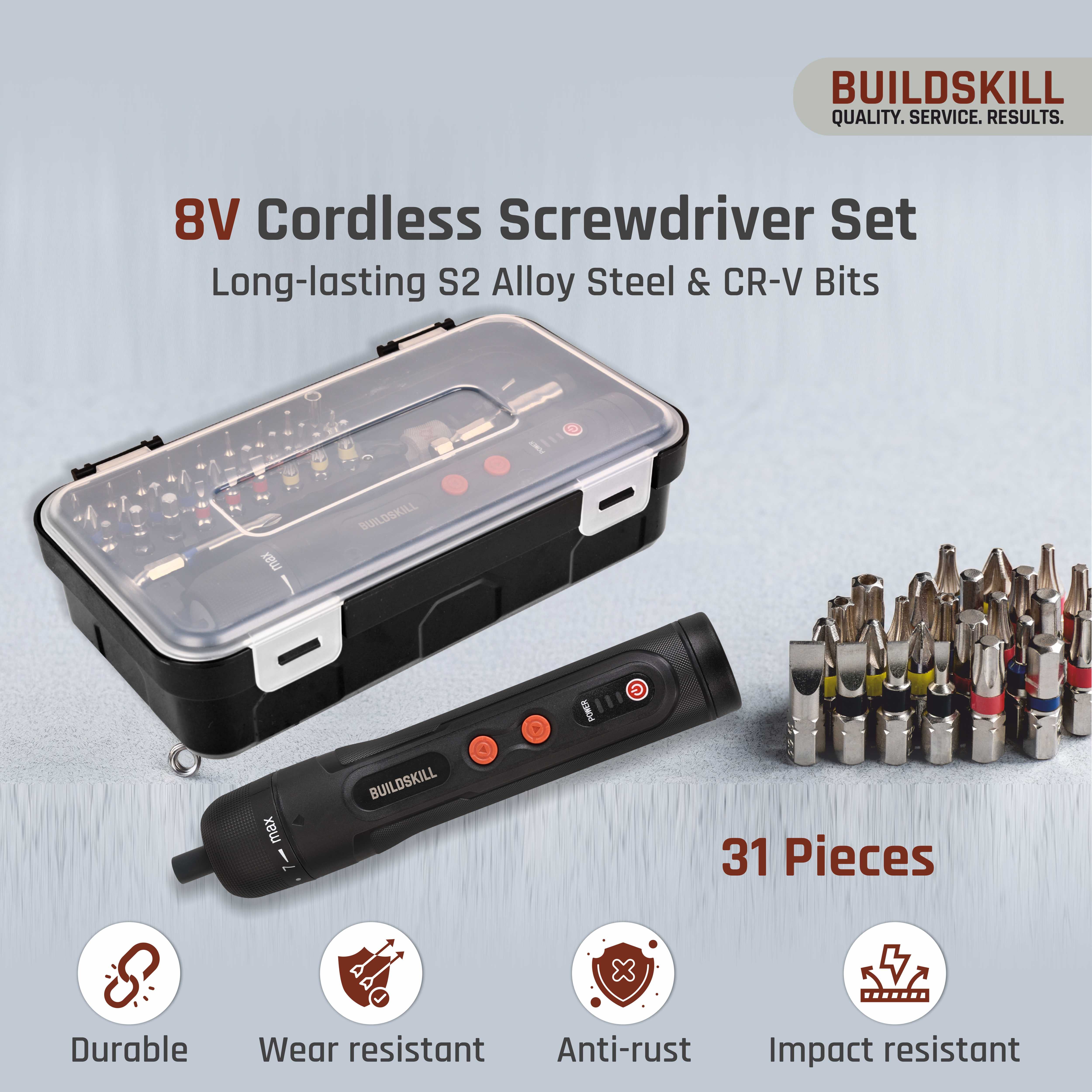 BUILDSKILL 8V cordless screwdriver set - 31 pieces | S2 & CR-V magnetic bits & chuck | forward & reverse function | 1600mAH battery | USB C type charging cable - ideal for DIY & professional use
