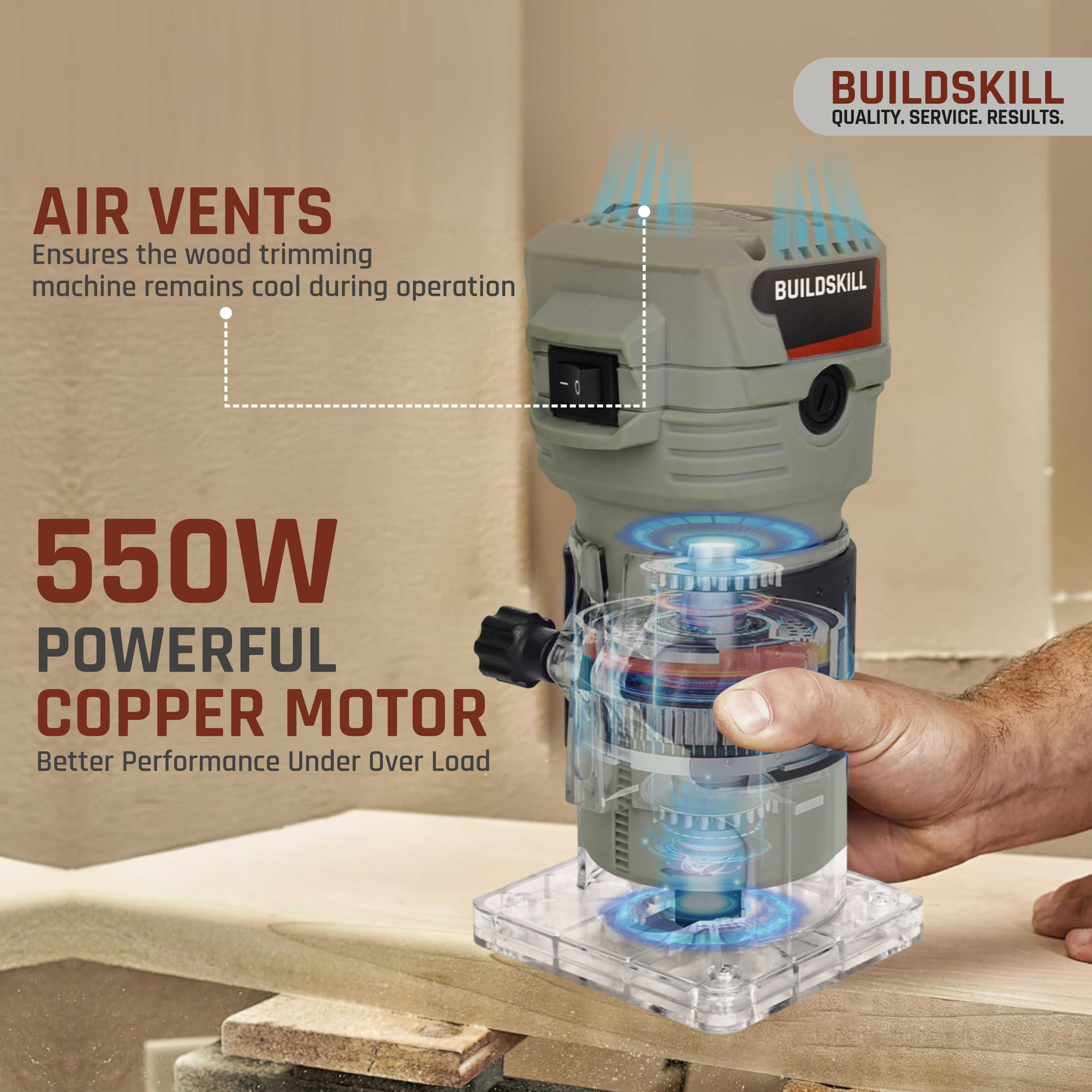BUILDSKILL 550W Professional Wood Router Machine with Copper Motor | 10000-30000RPM 6 Speed Settings | 6mm, 6.35mm, 8mm Collet | TPR Soft Grip | Perfect Wood Trimmer for Woodworking, Craft & DIY