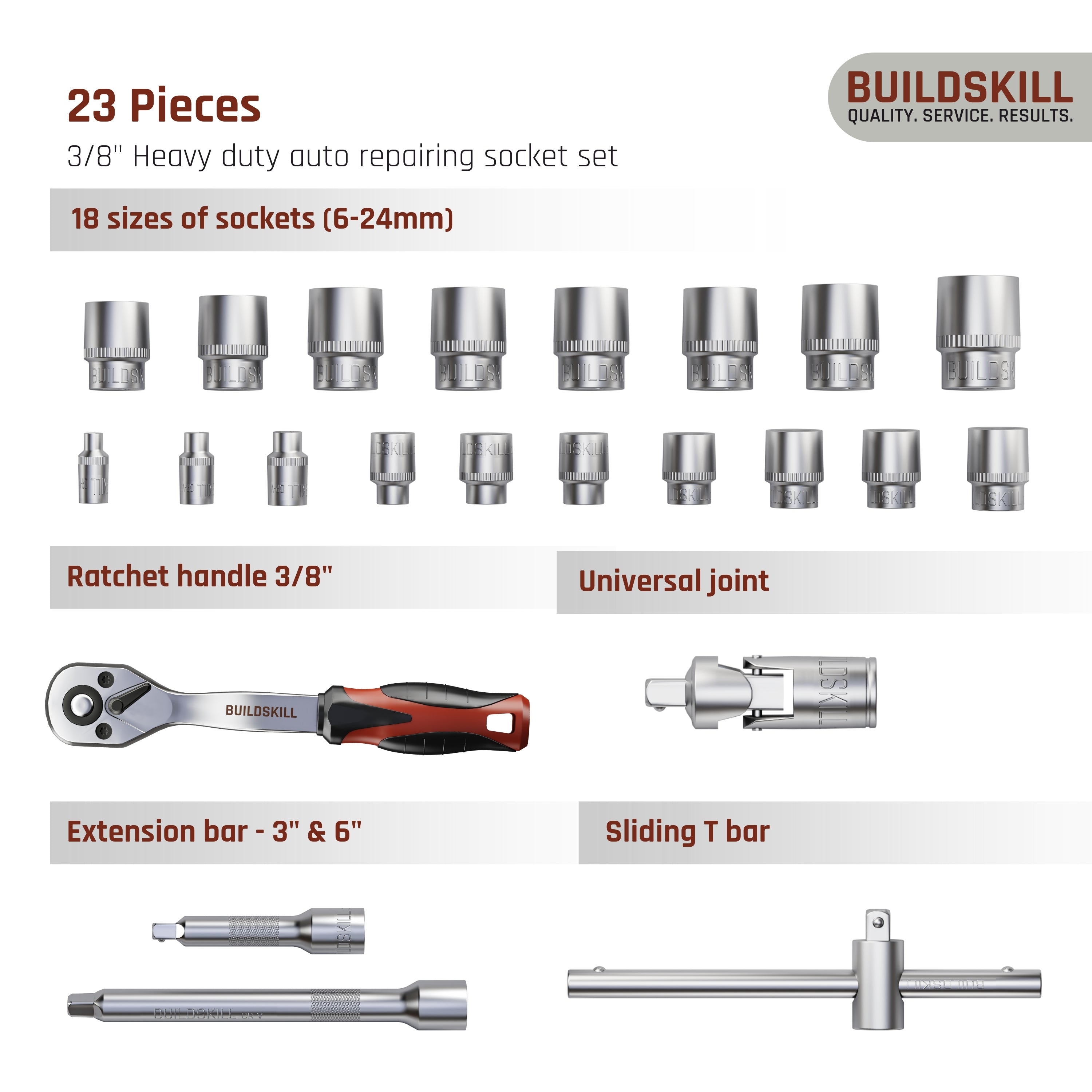 BUILDSKILL 3/8 inch socket set | 23 piece - heavy duty CR-V material | 3" & 6" extension bar | quick release reversible ratchet | TPR anti-slip grip | socket wrench set for car & bicycle repairing