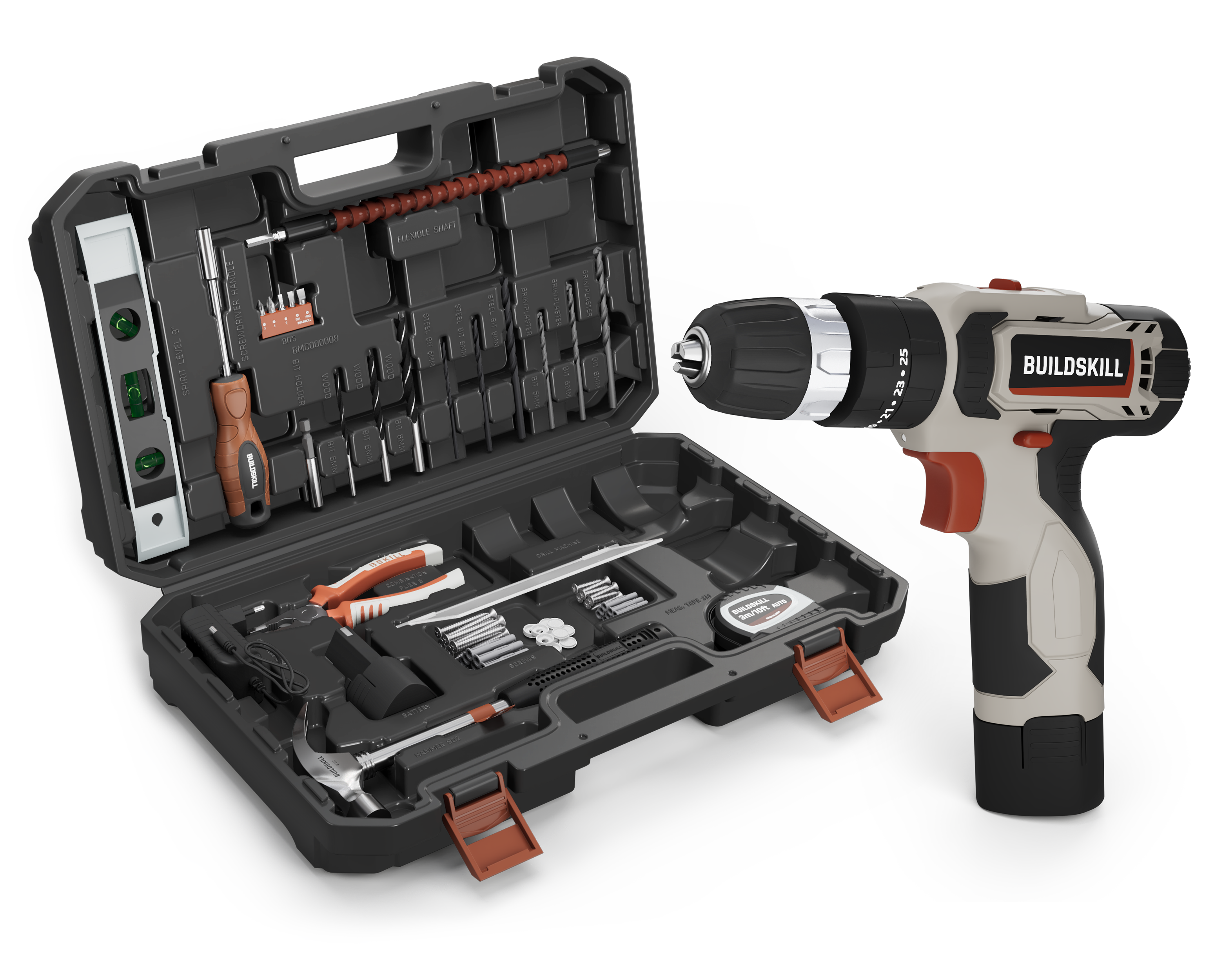 Buildskill 69 Pcs Power Drill Kit with 12V Cordless Drill Machine