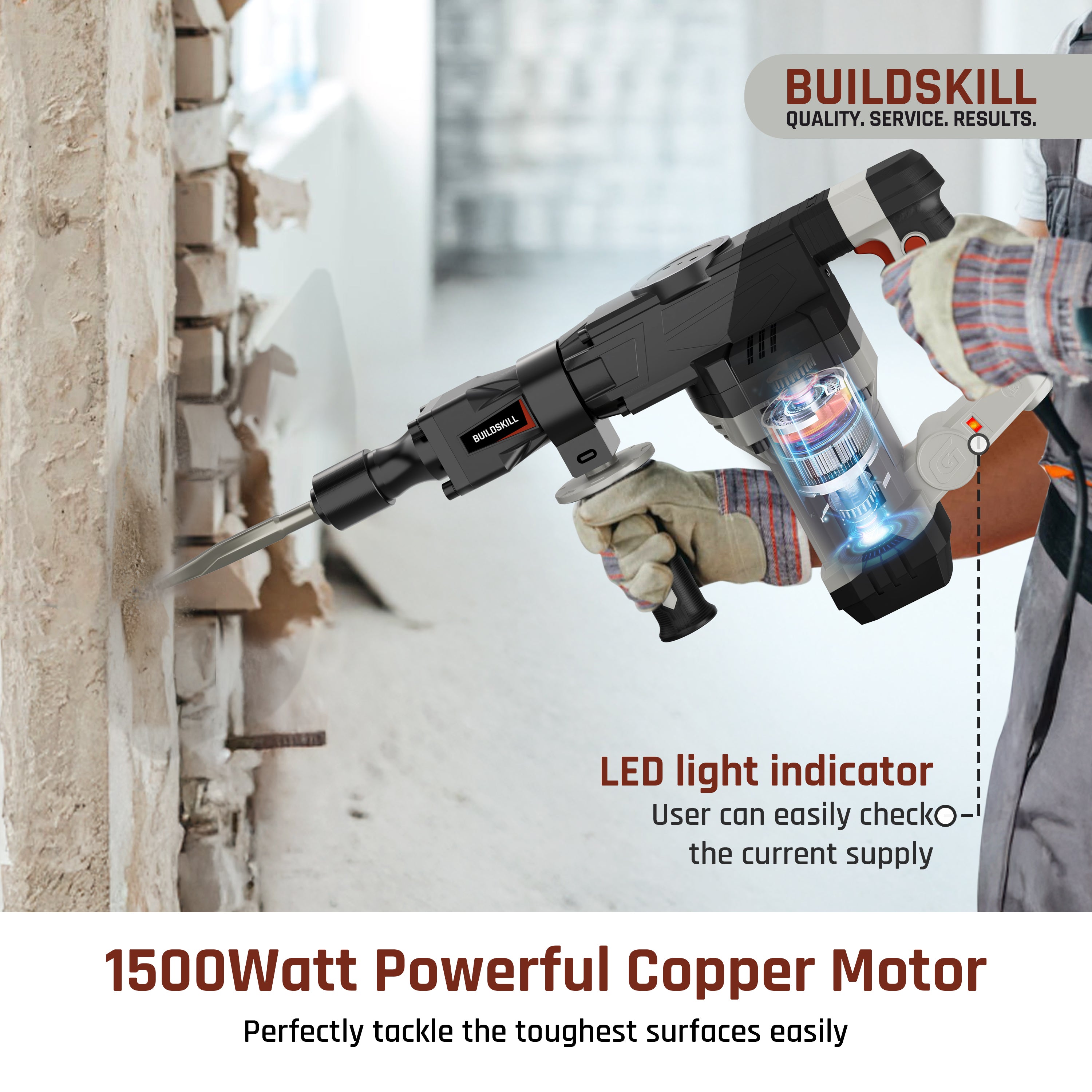 Buildskill 360° Rotating Demolition Hammer – 1500W, 3000RPM