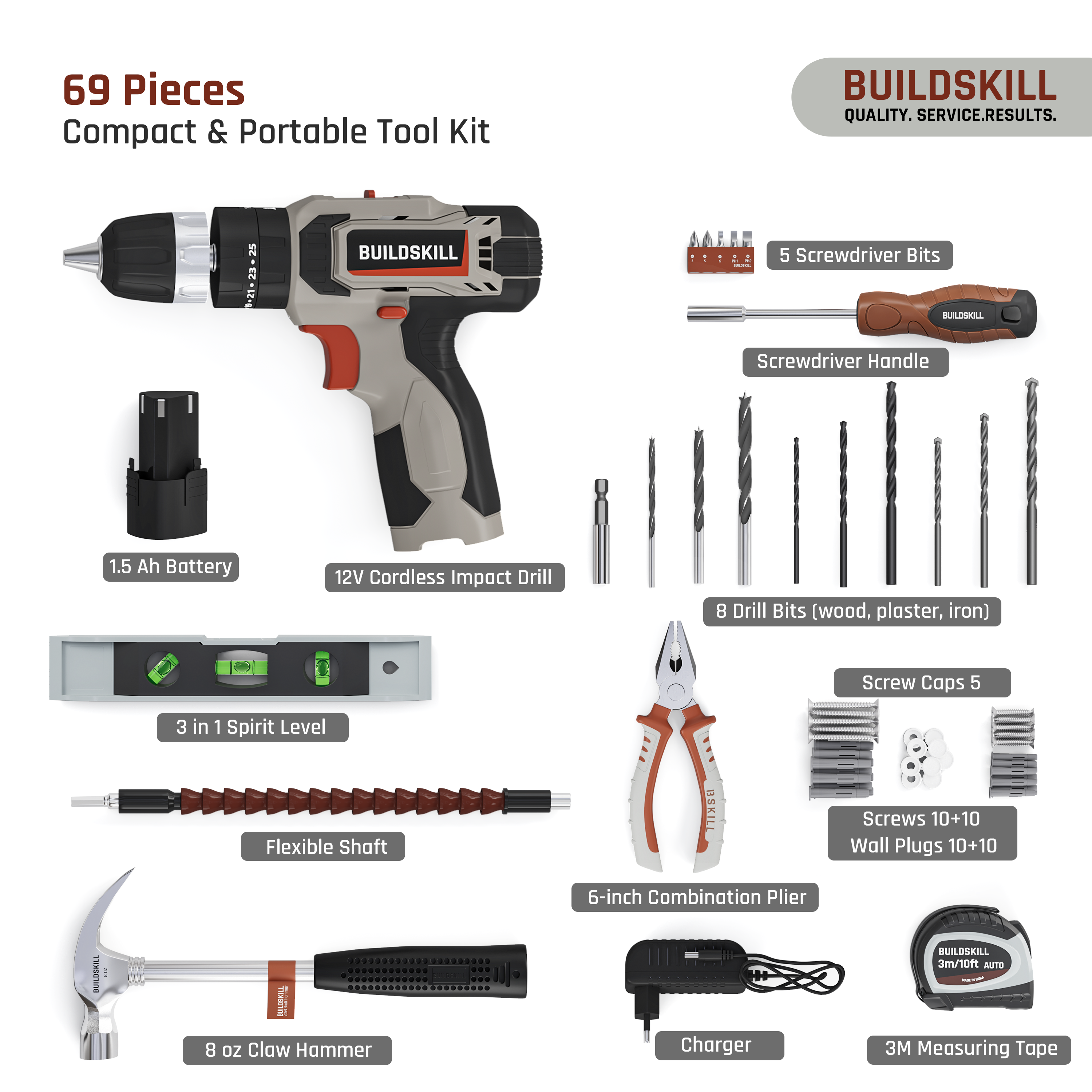 Buildskill 69 Pcs Power Drill Kit with 12V Cordless Drill Machine