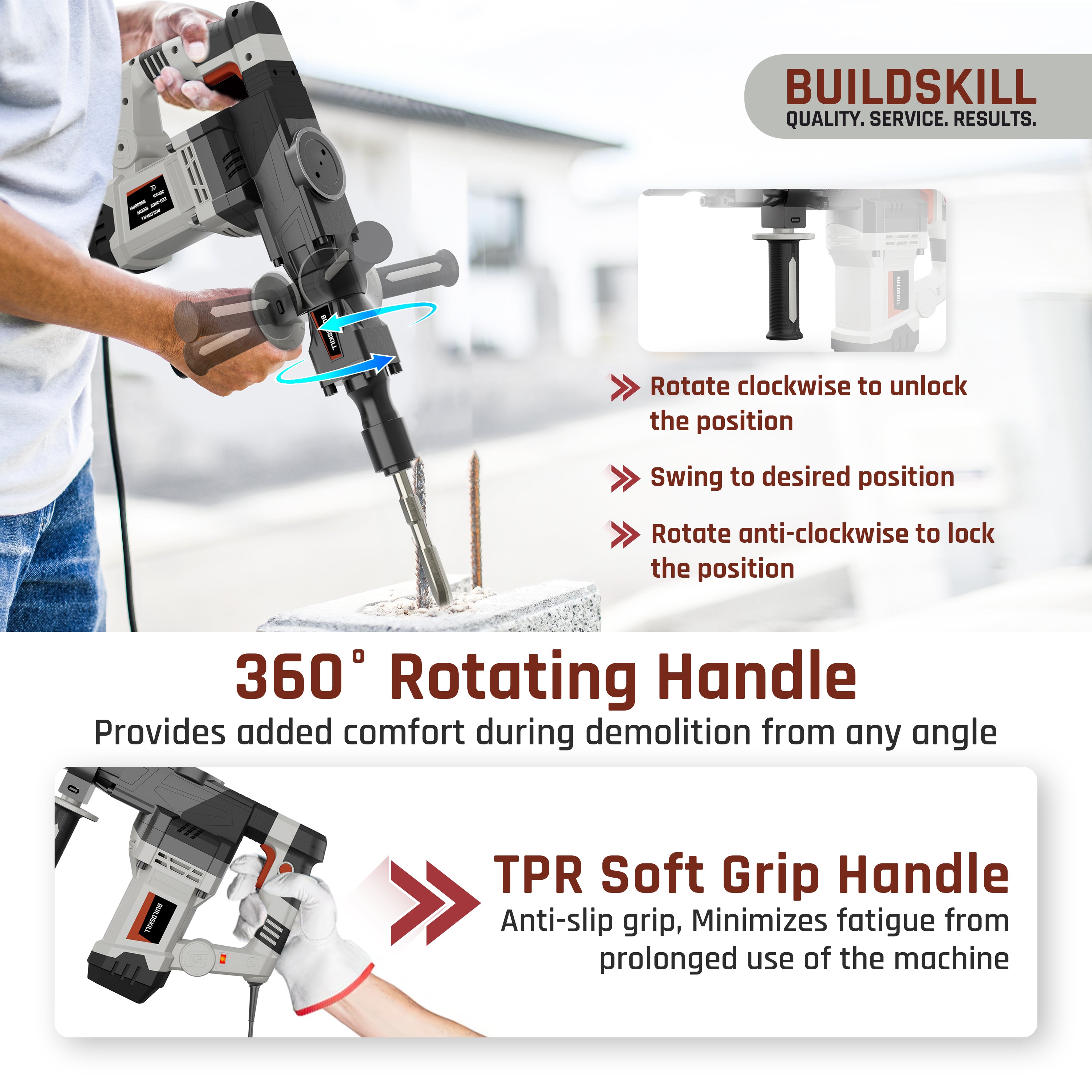 Buildskill 360° Rotating Demolition Hammer – 1500W, 3000RPM