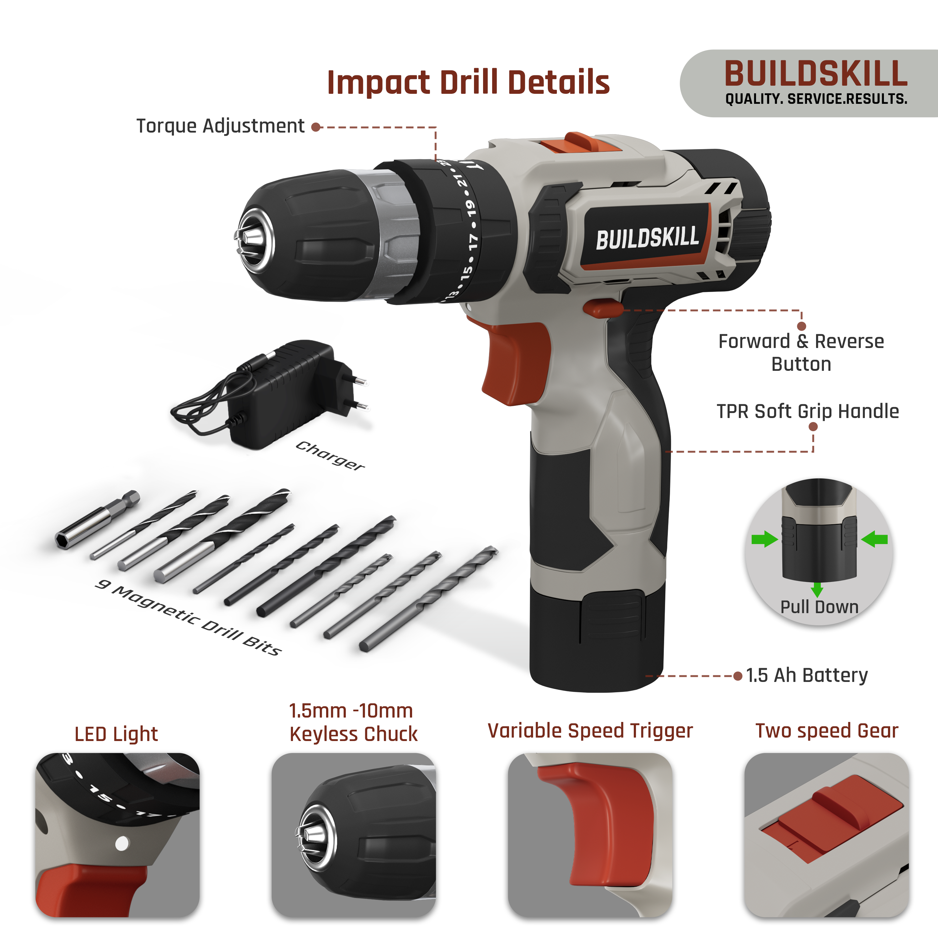 Buildskill 69 Pcs Power Drill Kit with 12V Cordless Drill Machine