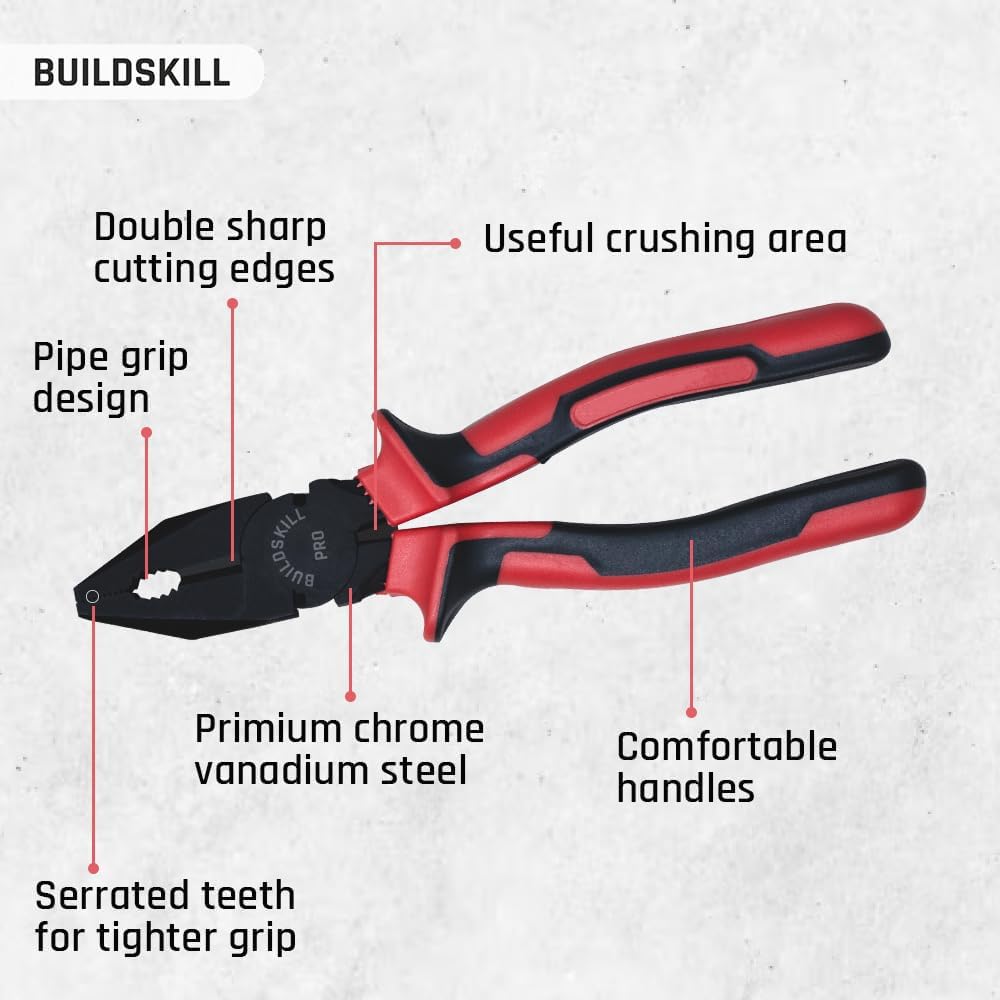 Buildskill Combination Plier 8" Hand Tools, Wire Cutter, Cutting Plier, Suited for Bending, Straightening, Stripping, Hardened Jaw, Electrical Tools, Anti Rust Black Phosphate Finish (Pack of 1)