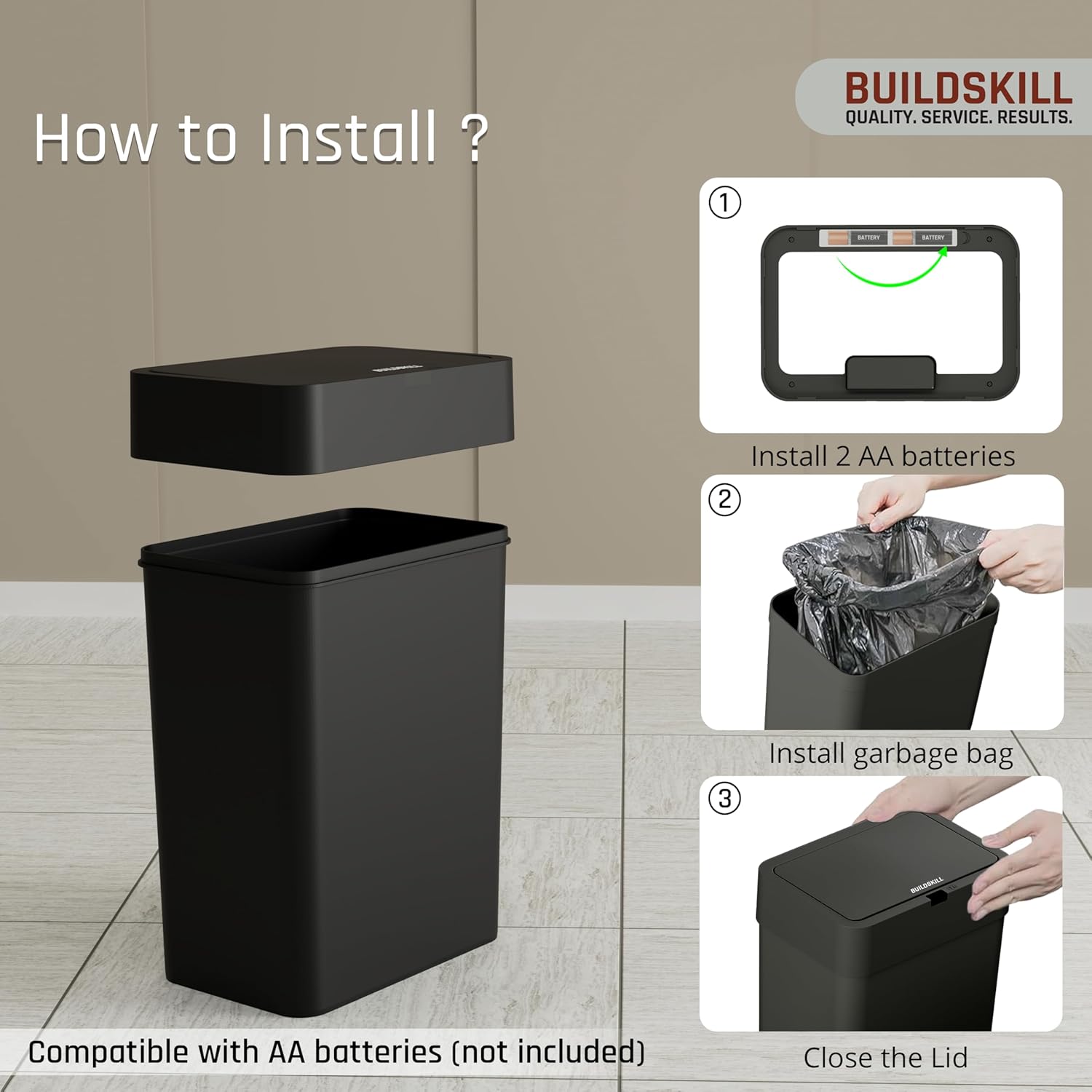 BUILDSKILL 15 Litre Smart Sensor Dustbin for Home | IPX5 Waterproof | 360° Odour Lock | Soft Close & Open | ABS Body | Compact Size | Convenient & Hygienic | Touchless Smart Dustbin for Home (Black)