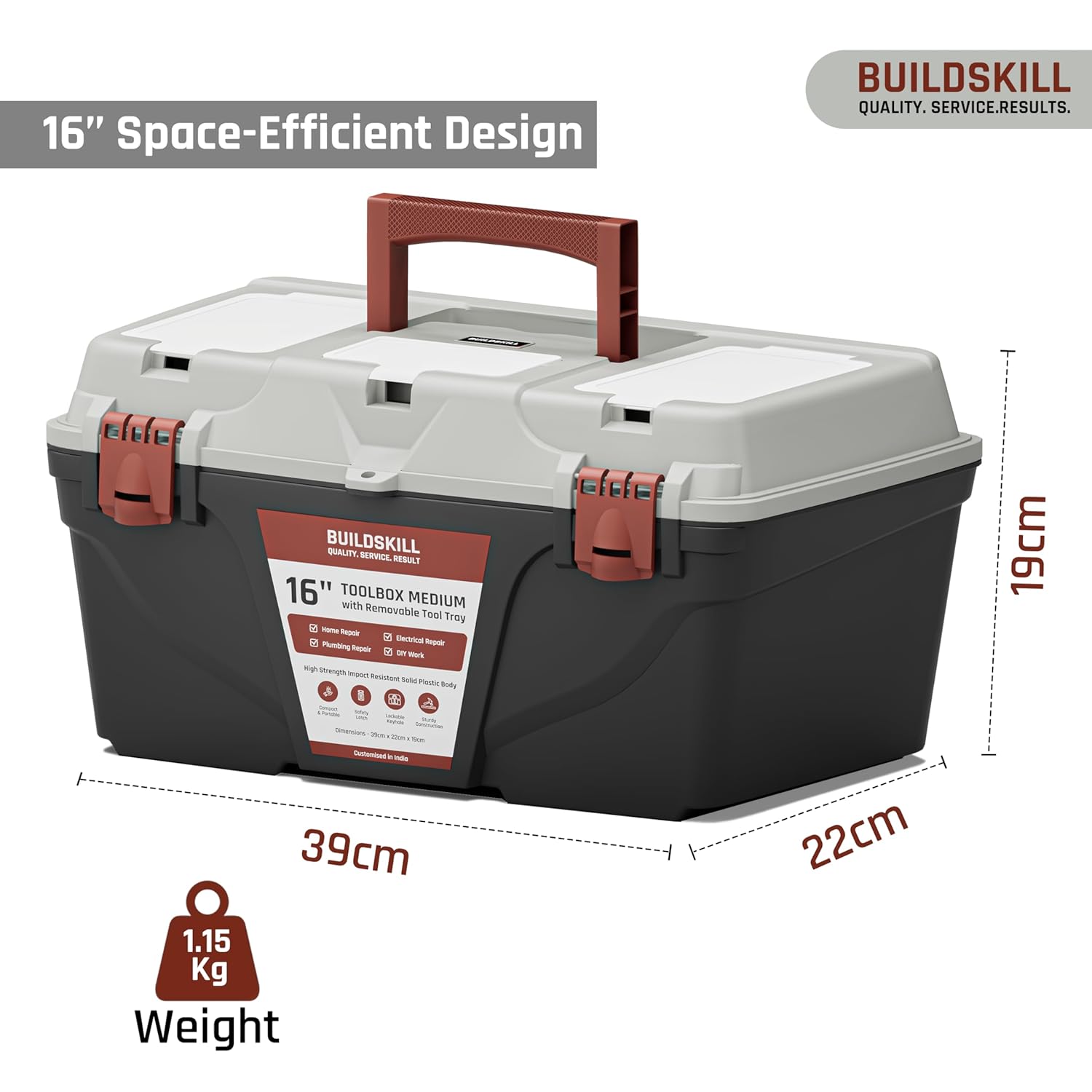 BUILDSKILL 16" Medium Tool Box for Home | Convenient Top Lids & Removable Tool Tray | Secure Latch Lock | Key Hole | Heavy Duty Impact Resistant Body | Ideal Repair Toolbox for DIY & Professional Use