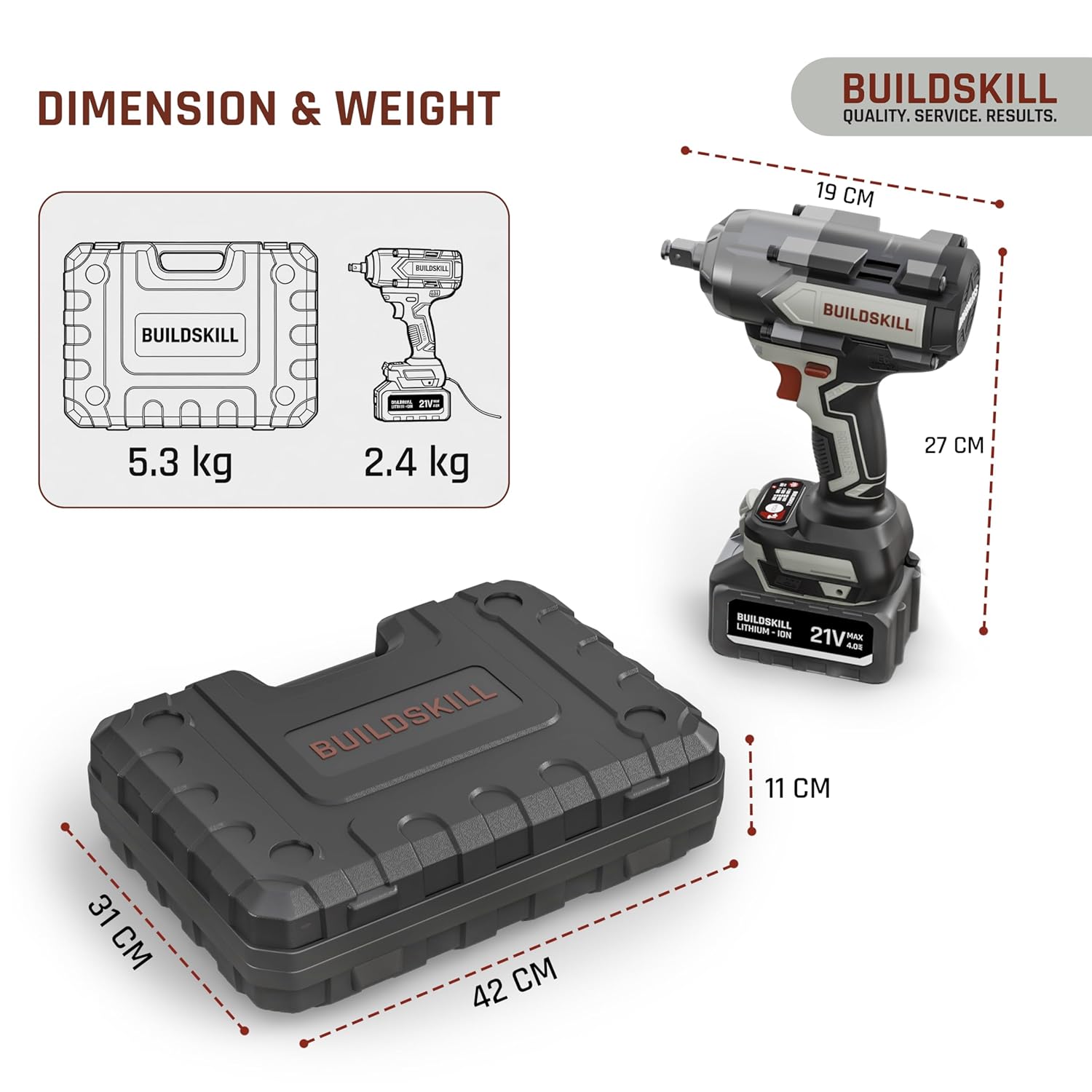 BUILDSKILL 21V - 1/2" 650NM BLDC Cordless Impact Wrench | 2 x 4.0Ah Battery | 4 Pcs Socket | LED Light | 2200-1750-1400 RPM | 2800-2550-2100 Impact Rate | 2.0A Fast Charger | Reverse Self Stop Mode