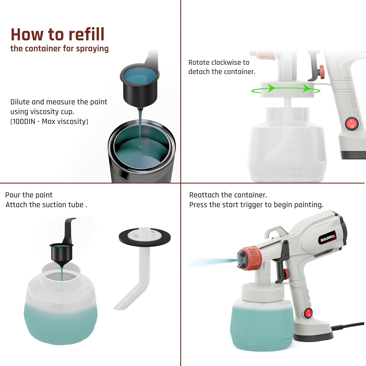 BUILDSKILL Paint Sprayer with 1200ML Large Container | 5 Nozzles | Copper Motor with 38000RPM No Load Speed | Heat Sink | 3 Spray Patterns Paint Spray Machine for Home, DIY & Professional Use