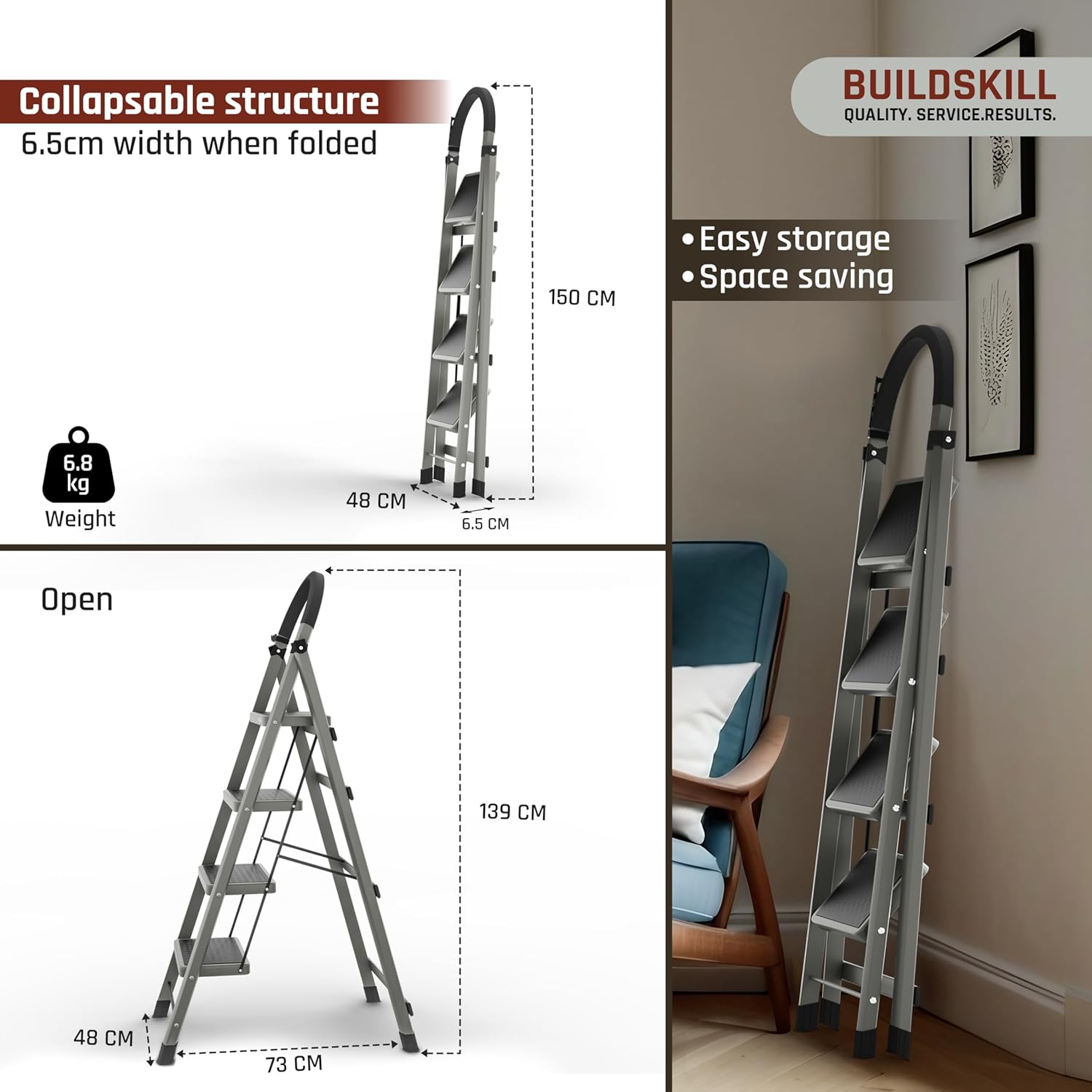 BUILDSKILL Foldable Ladder for Home 4 Steps with Built-in Tool Tray | Heavy Duty D Shape rods | 20 x 30 cm Large Platform | Wide Rubber feet | Secure Lock | 150kg Capacity - 5 Years Warranty