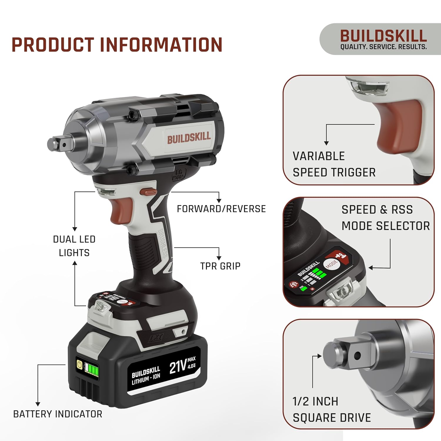 BUILDSKILL 21V - 1/2" 650NM BLDC Cordless Impact Wrench | 2 x 4.0Ah Battery | 4 Pcs Socket | LED Light | 2200-1750-1400 RPM | 2800-2550-2100 Impact Rate | 2.0A Fast Charger | Reverse Self Stop Mode