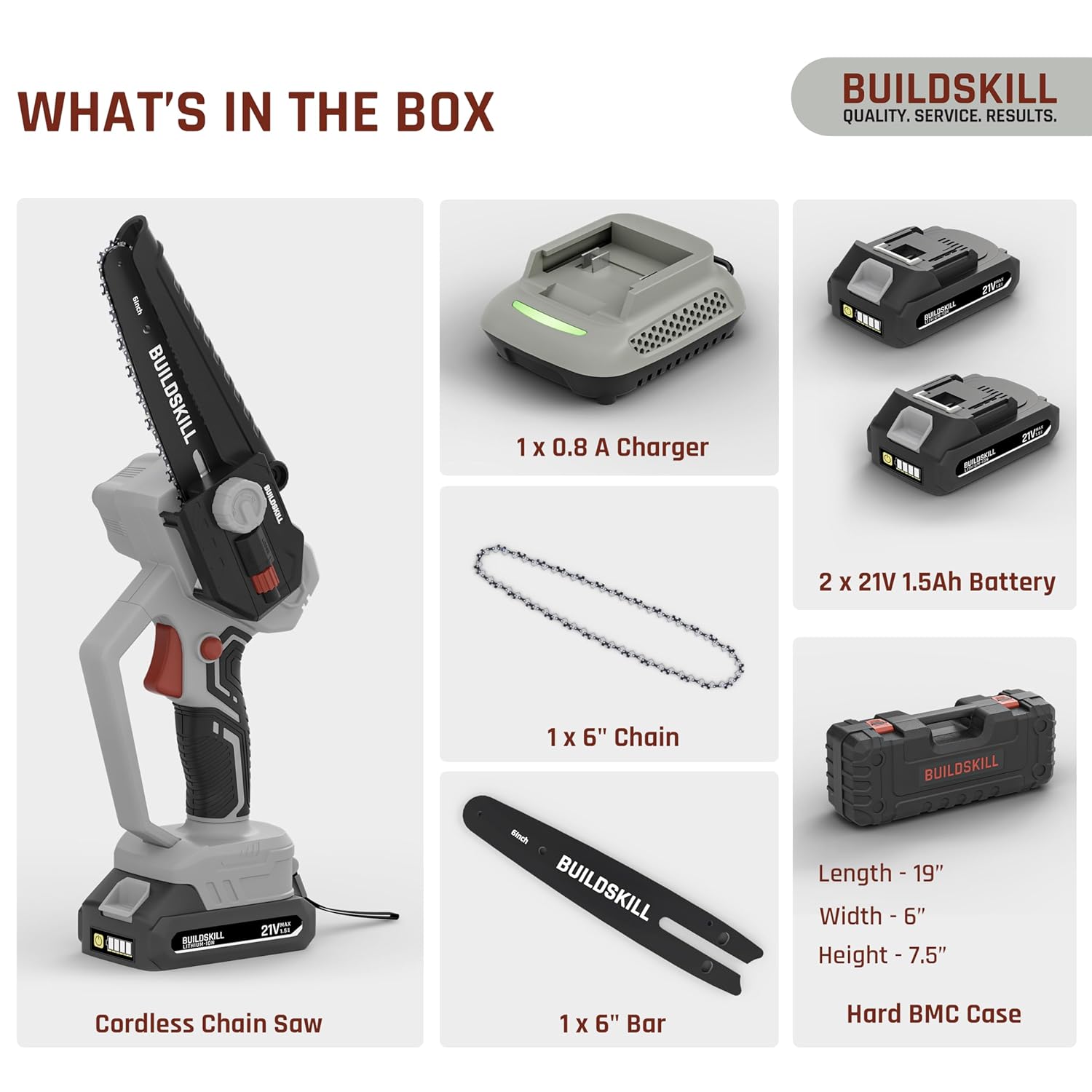 BUILDSKILL 21V Cordless Chainsaw Machine | 6 inch Bar | 3600 RPM Copper Motor | 2 x 1.5AH Battery | Chain tensioning button, safety lock | Mini Chainsaw Machine for Wood Cutting, Gardening & DIY Use