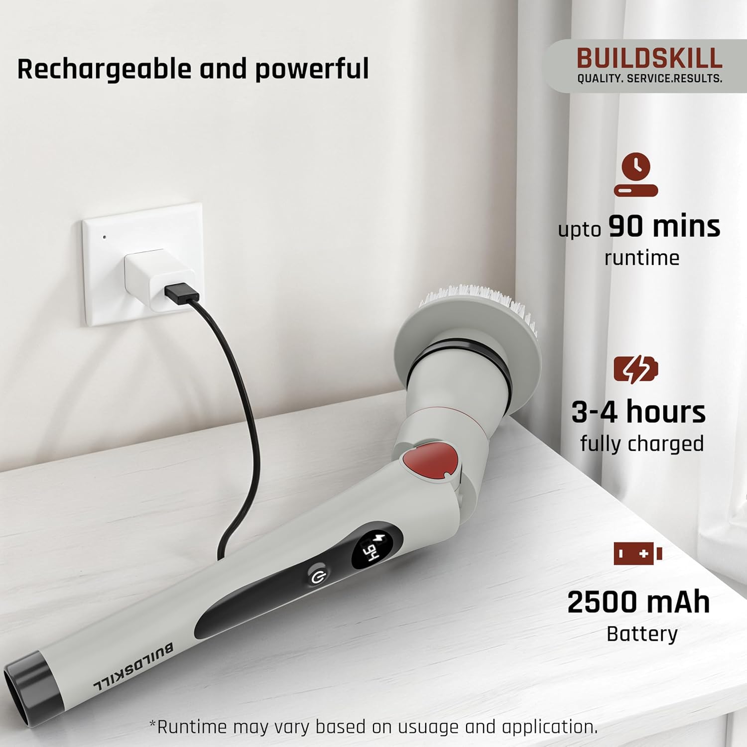 BUILDSKILL 13 in 1 Advanced Electric Spin Scrubber with LED Display | IPX6 Waterproof | 3 Speeds | 4 Angles | Telescopic SS Handle | 2.5Ah Type-C| Tiles, Slabs, Car & Bathroom Cleaning Brush Electric