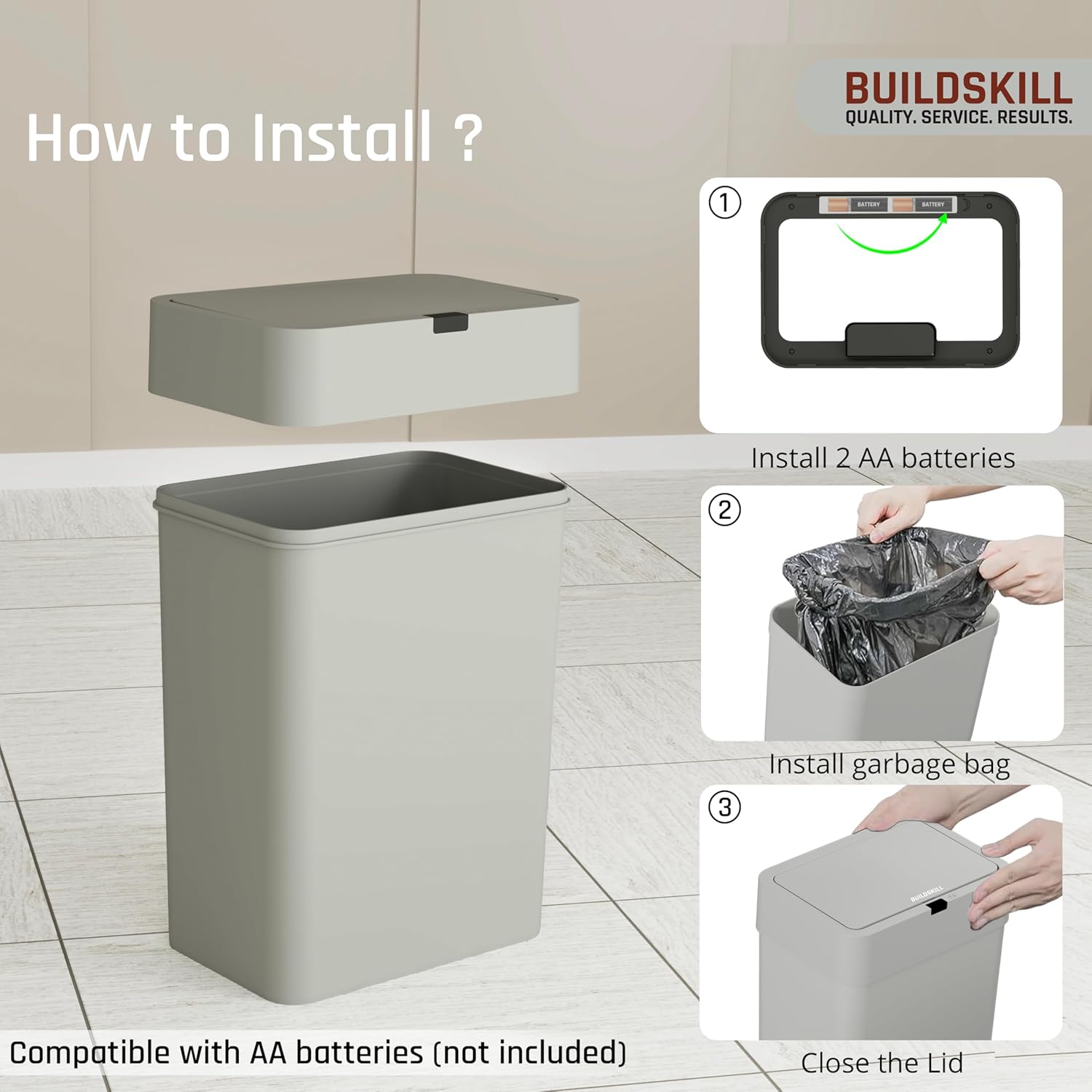 BUILDSKILL 9 Litre Smart Sensor Dustbin for Home | IPX5 Waterproof | 360° Odour Lock | Soft Close & Open | ABS Body | Compact Size | Convenient & Hygienic | Touchless Smart Dustbin for Home (Grey)