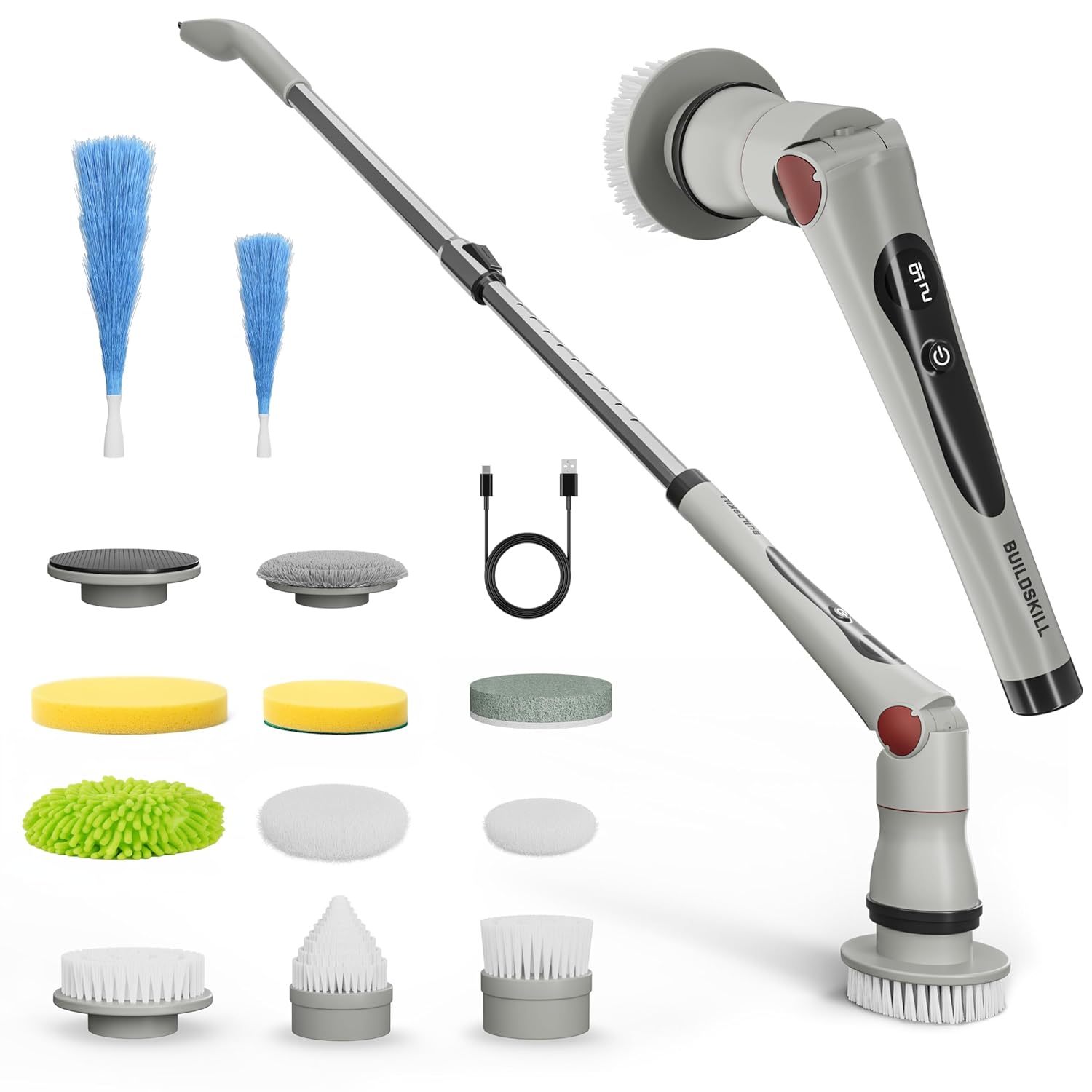 BUILDSKILL 13 in 1 Advanced Electric Spin Scrubber with LED Display | IPX6 Waterproof | 3 Speeds | 4 Angles | Telescopic SS Handle | 2.5Ah Type-C| Tiles, Slabs, Car & Bathroom Cleaning Brush Electric