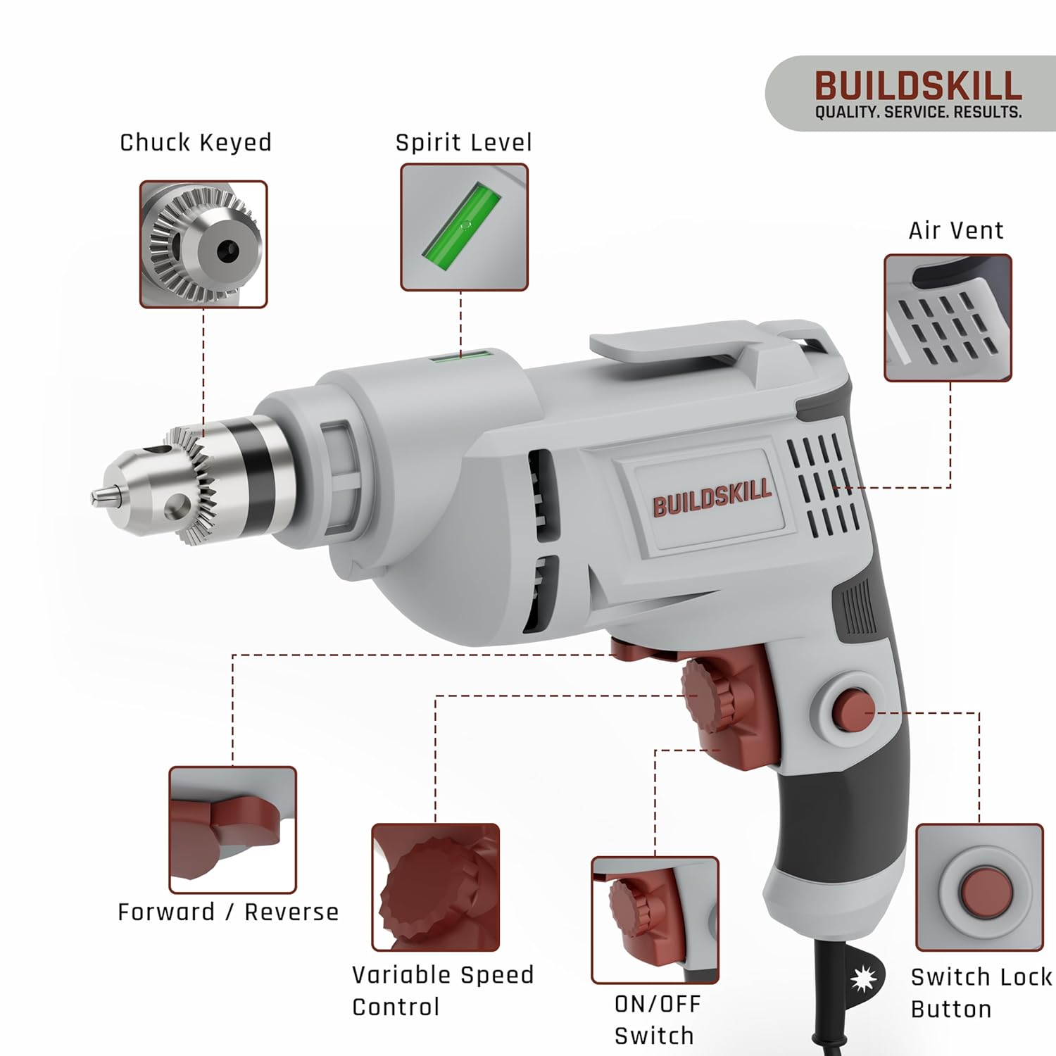 BUILDSKILL 400W Electric Drill Machine | 10MM Metal Chuck | 0-2800RPM Variable Speed | Forward-Reverse | Copper Motor | 7 Bits Set Electric Drill Machine for Wall Drilling | 1.8m Cable | Spirit Level