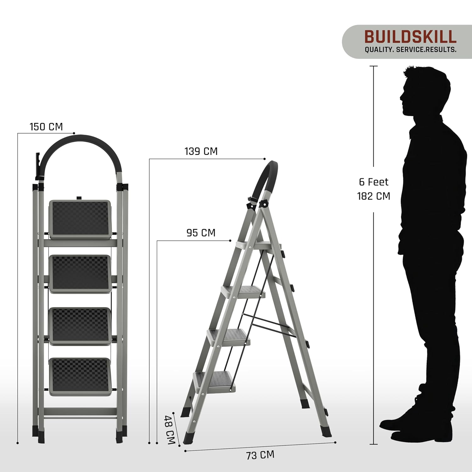 BUILDSKILL Foldable Ladder for Home 4 Steps with Built-in Tool Tray | Heavy Duty D Shape rods | 20 x 30 cm Large Platform | Wide Rubber feet | Secure Lock | 150kg Capacity - 5 Years Warranty