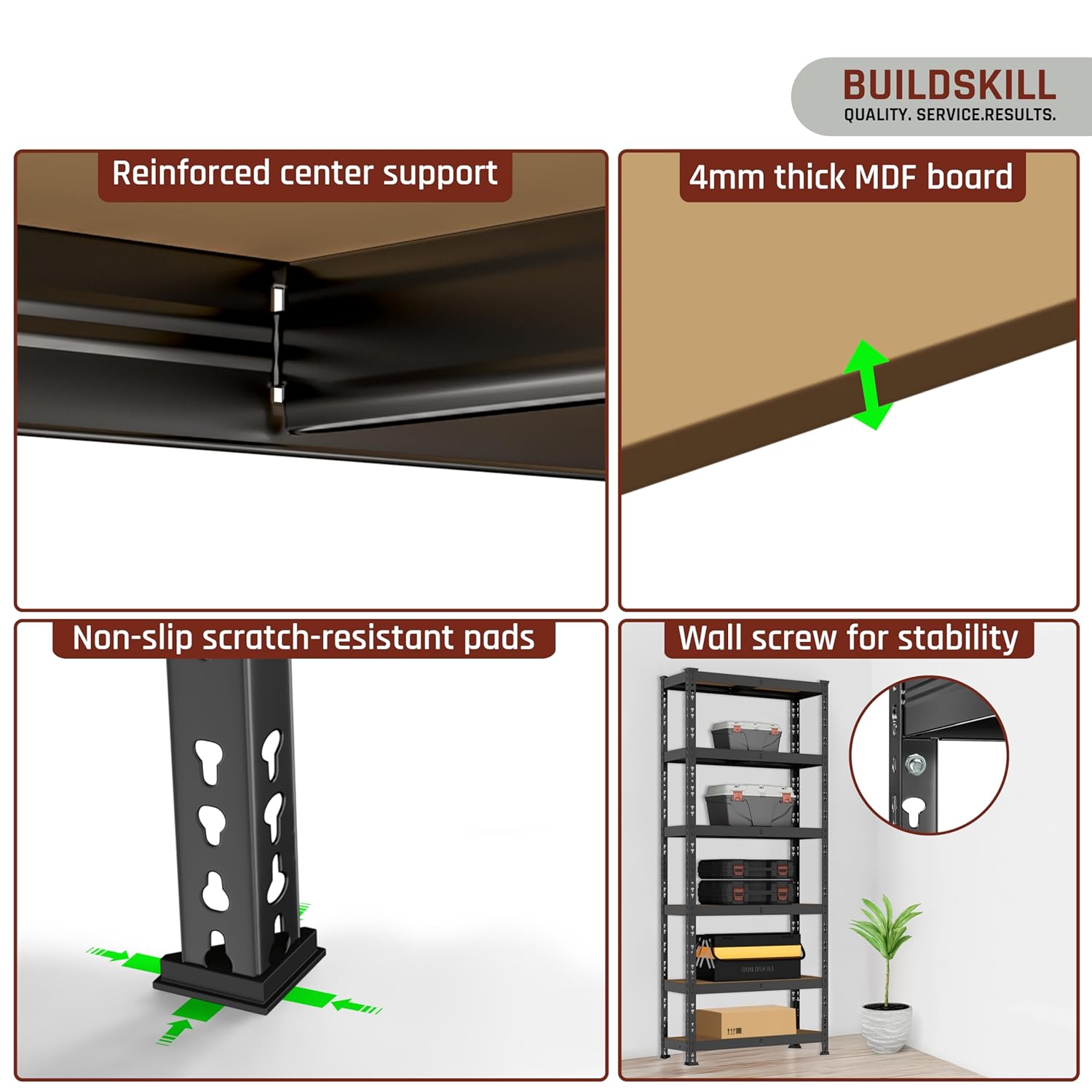 BUILDSKILL 6-Tier Multipurpose Storage Rack | Bolt-Free Assembly | Black Powder-Coated Galvanized Metal | Thick MDF Board | 175Kg Capacity Per Shelf | 170x70x30cm Adjustable Shelf Rack for Home & Shop