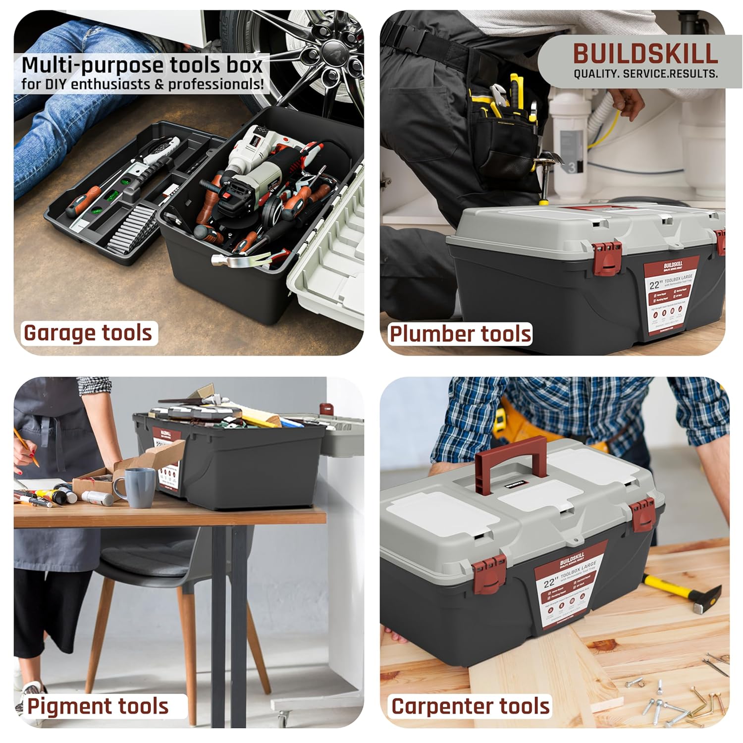 BUILDSKILL 22" Large Tool Box for Home | Convenient Top Lids & Removable Tool Tray | Secure Latch Lock | Key Hole | Heavy Duty Impact Resistant Body | Ideal Repair Toolbox for DIY & Professional Use