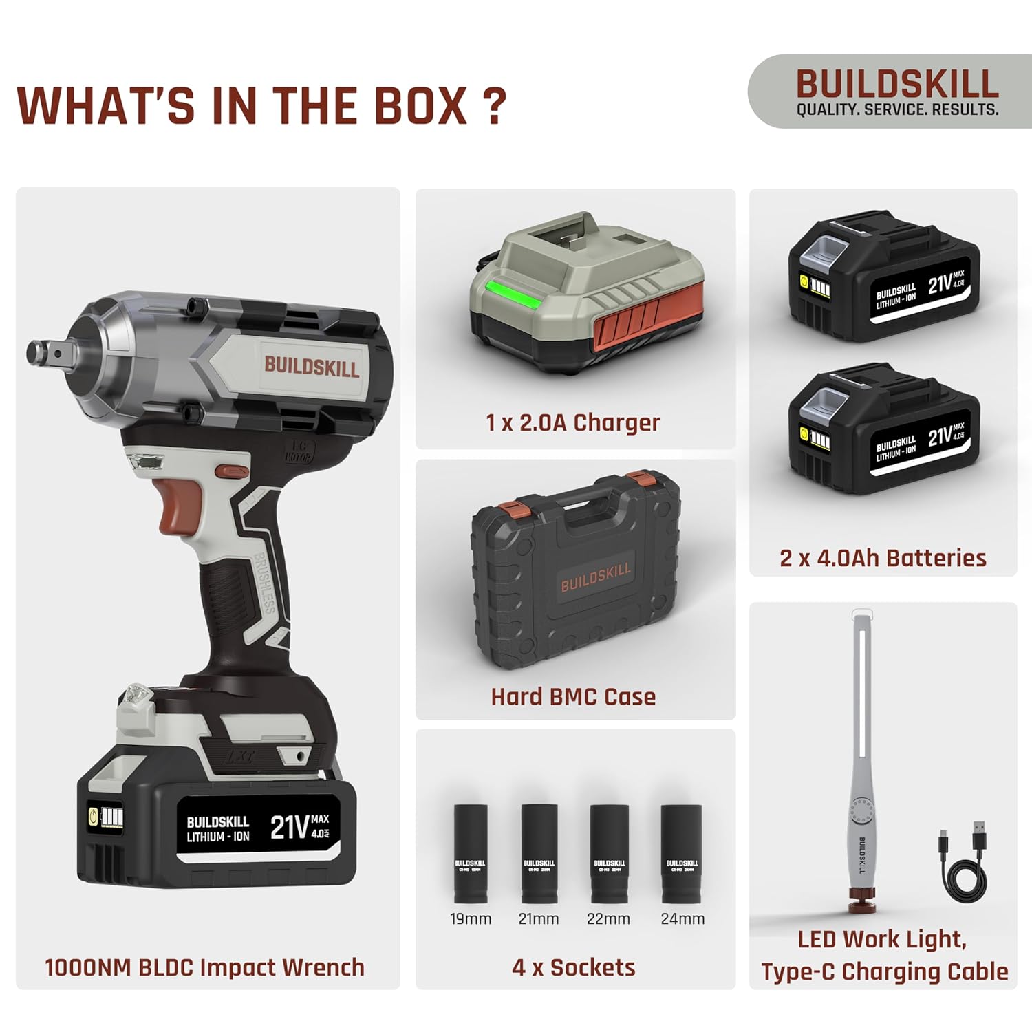 BUILDSKILL 21V - 1/2" 650NM BLDC Cordless Impact Wrench | 2 x 4.0Ah Battery | 4 Pcs Socket | LED Light | 2200-1750-1400 RPM | 2800-2550-2100 Impact Rate | 2.0A Fast Charger | Reverse Self Stop Mode