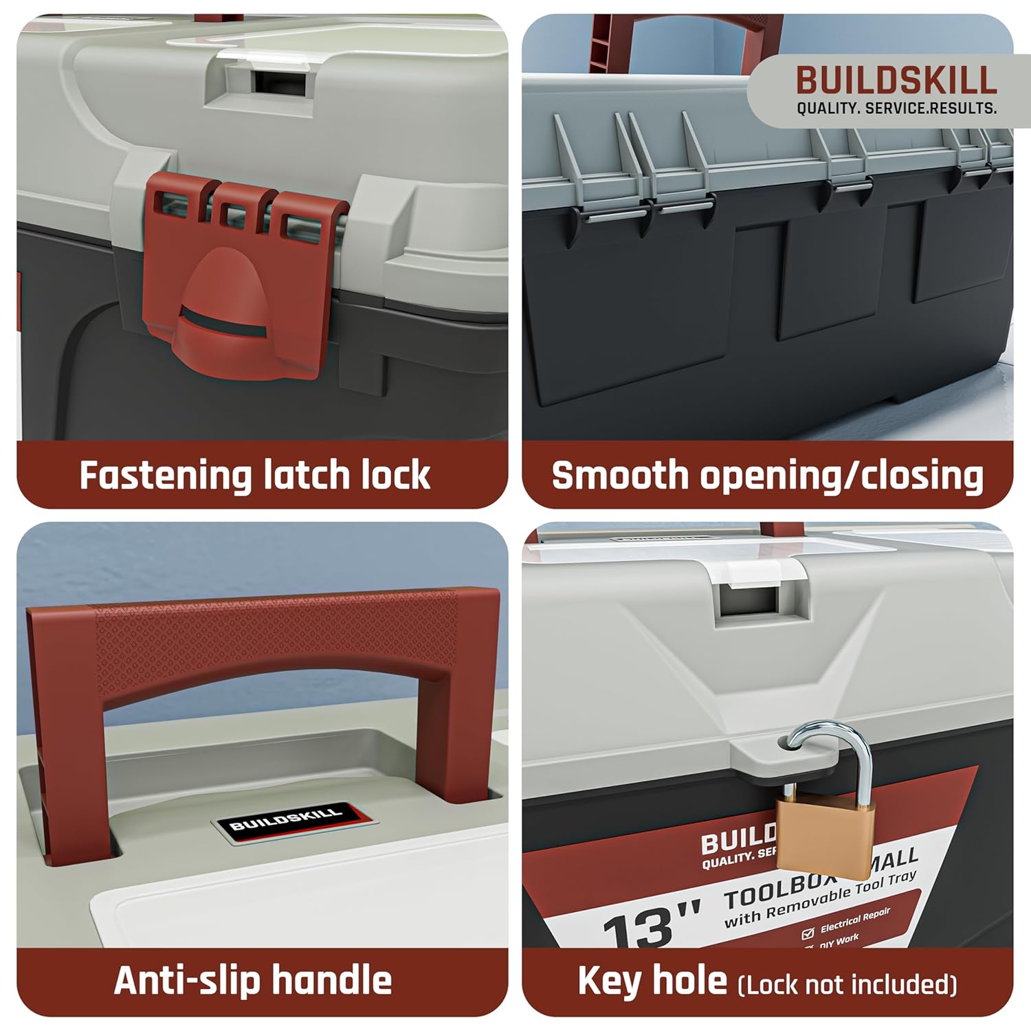 BUILDSKILL 13" Small Tool Box for Home | Convenient Top Lids & Removable Tool Tray | Secure Latch Lock | Key Hole | Heavy Duty Impact Resistant Body | Ideal Repair Toolbox for DIY & Professional Use