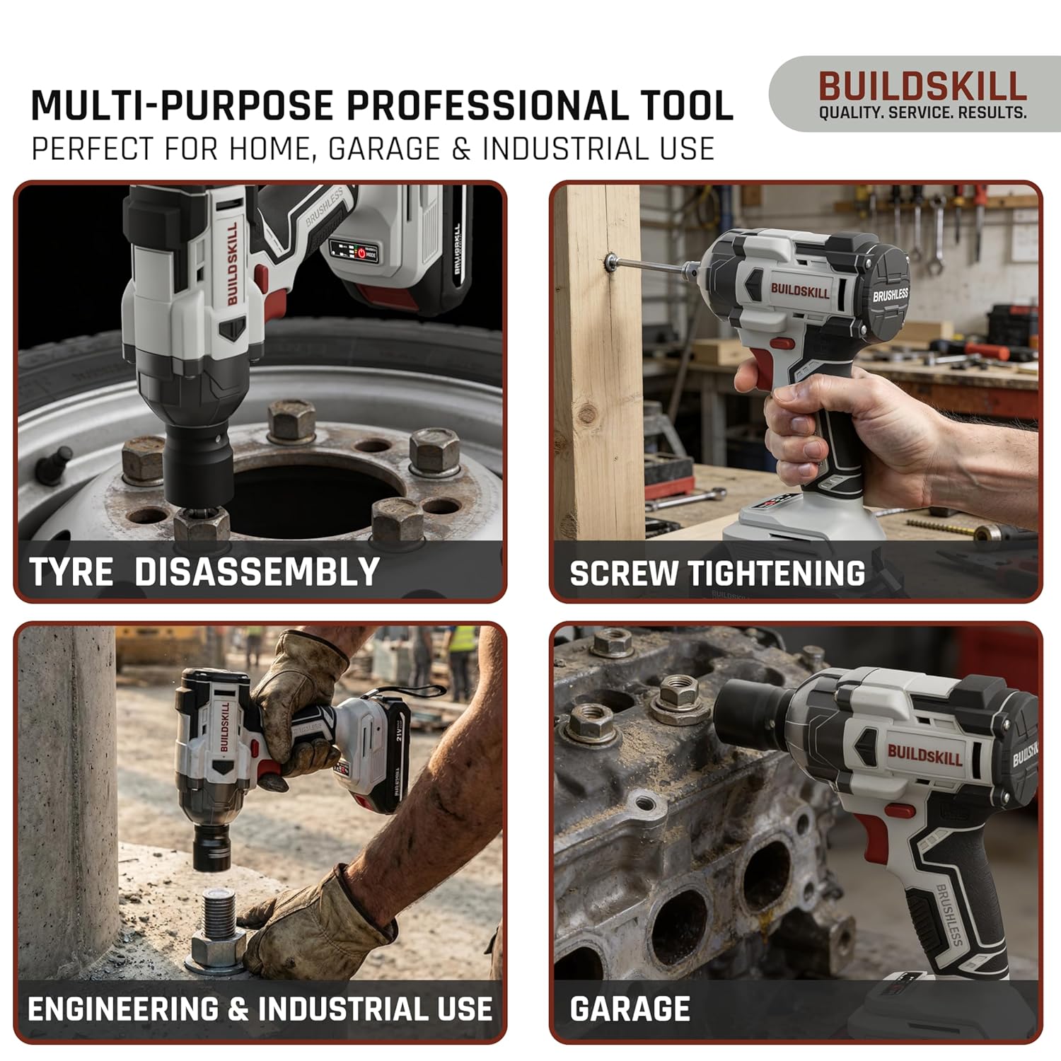 BUILDSKILL 21V - 1/2" 400NM BLDC Cordless Impact Wrench Set | 2 x 2.0Ah Battery | 10 Pcs Socket + 10 Pcs Screwdriver Bit | LED Light | 3400-4500 RPM | 2800-3200 Impact Rate | 2.0A Fast Charger