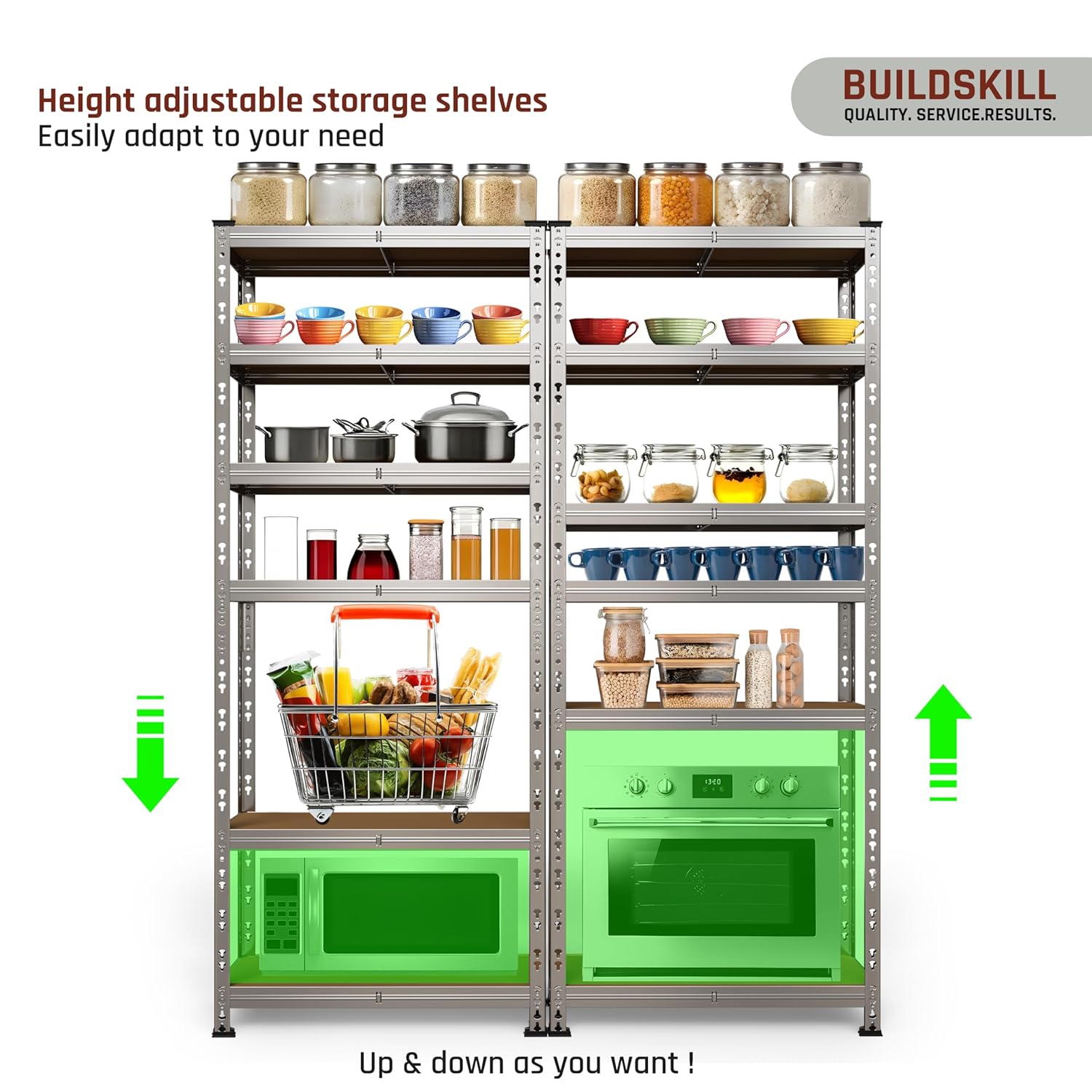 BUILDSKILL 6-Tier Multipurpose Storage Rack | Bolt-Free Assembly | Galvanized Metal | Thick MDF Board | 175Kg Capacity Per Shelf | 170x70x30cm Adjustable Shelf Rack for Home, Garage & Shop | Silver
