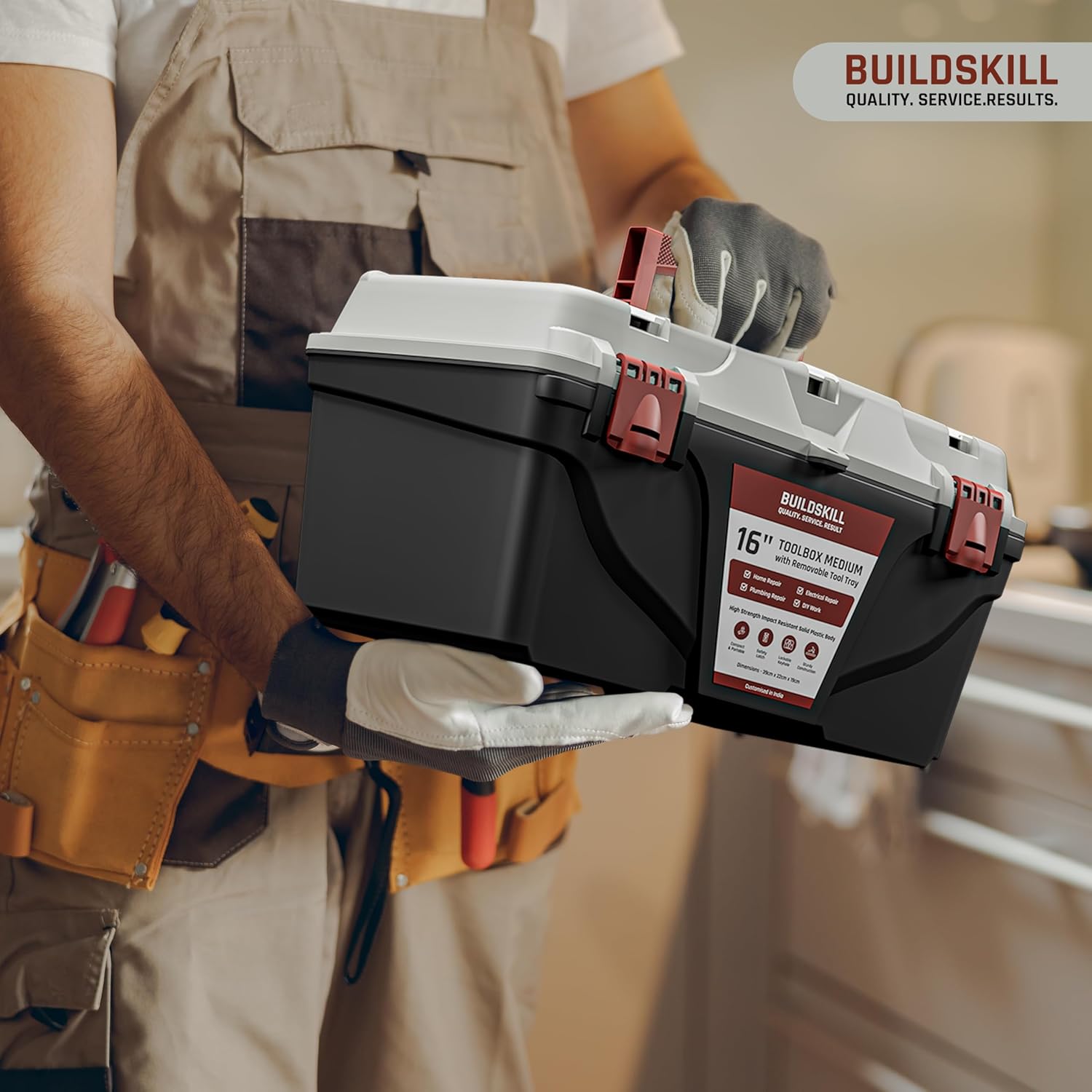 BUILDSKILL 16" Medium Tool Box for Home | Convenient Top Lids & Removable Tool Tray | Secure Latch Lock | Key Hole | Heavy Duty Impact Resistant Body | Ideal Repair Toolbox for DIY & Professional Use