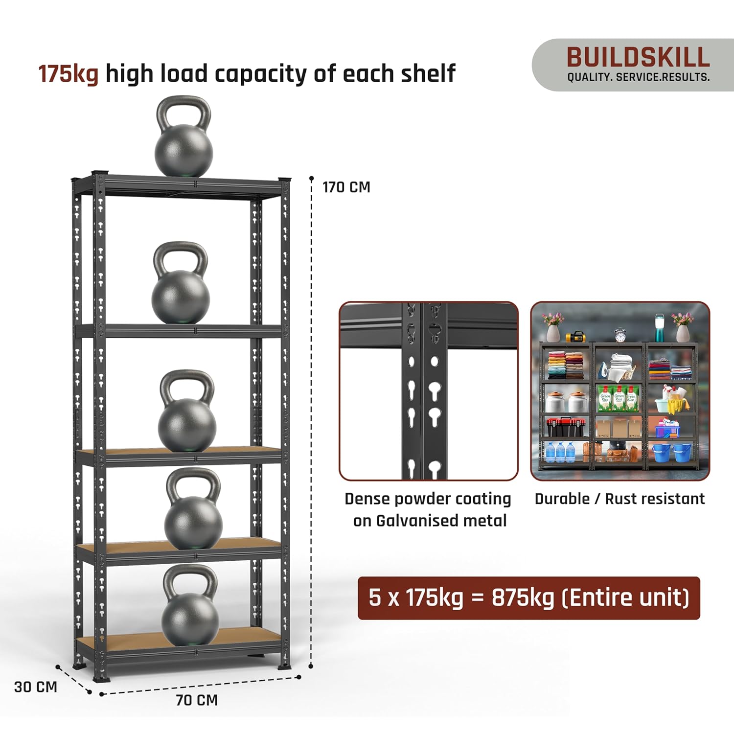 BUILDSKILL 5-Tier Multipurpose Storage Rack | Bolt-Free Assembly | Black Powder-Coated Galvanized Metal | Thick MDF Board | 175Kg Capacity Per Shelf | 170x70x30cm Adjustable Shelf Rack for Home & Shop