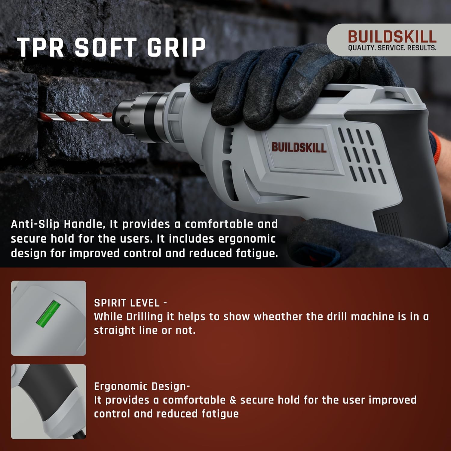 BUILDSKILL 400W Electric Drill Machine | 10MM Metal Chuck | 0-2800RPM Variable Speed | Forward-Reverse | Copper Motor | 7 Bits Set Electric Drill Machine for Wall Drilling | 1.8m Cable | Spirit Level