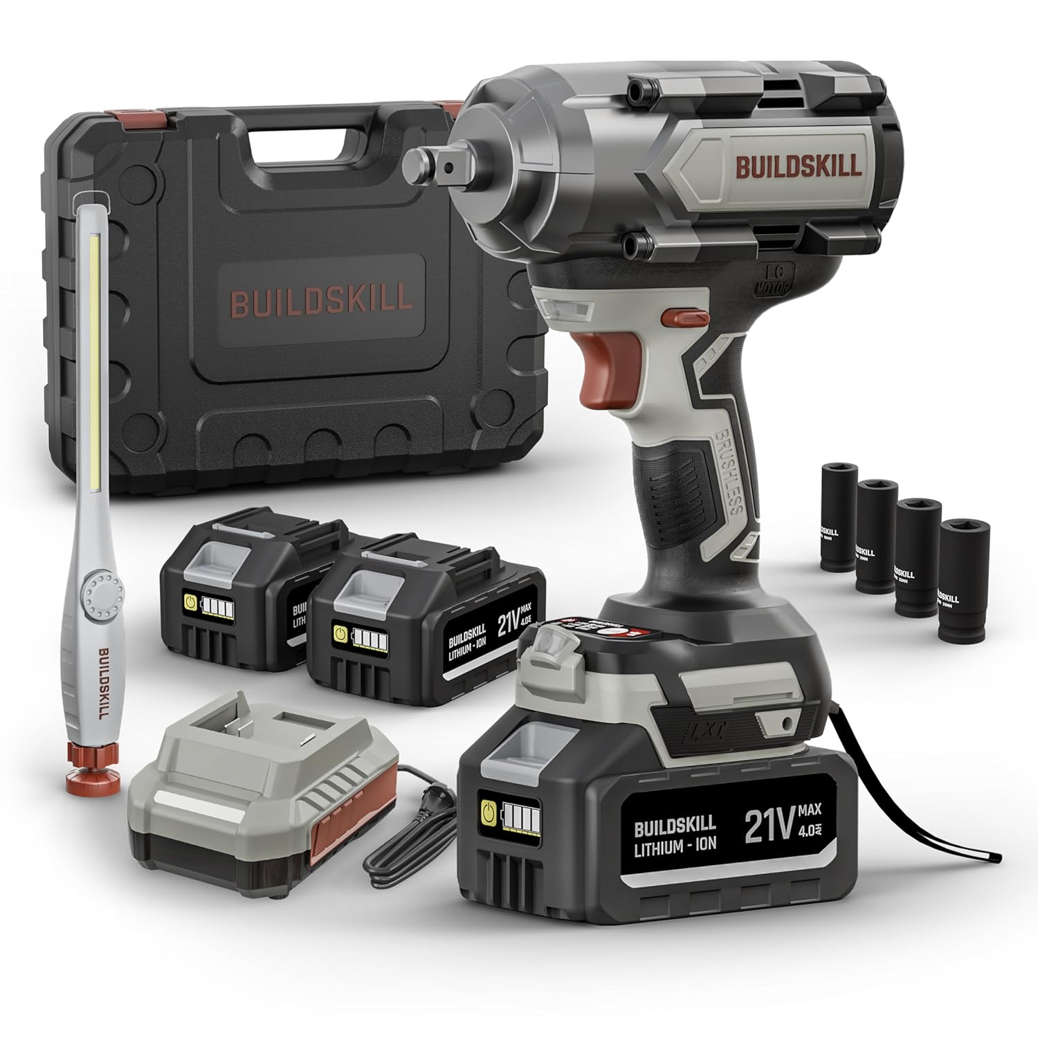 BUILDSKILL 21V - 1/2" 1000NM BLDC Cordless Impact Wrench | 2 x 4.0Ah Battery | 4 Pcs Socket | LED Light | 2200-1750-1400 RPM | 2800-2550-2100 Impact Rate | 2.0A Fast Charger | Reverse Self Stop Mode