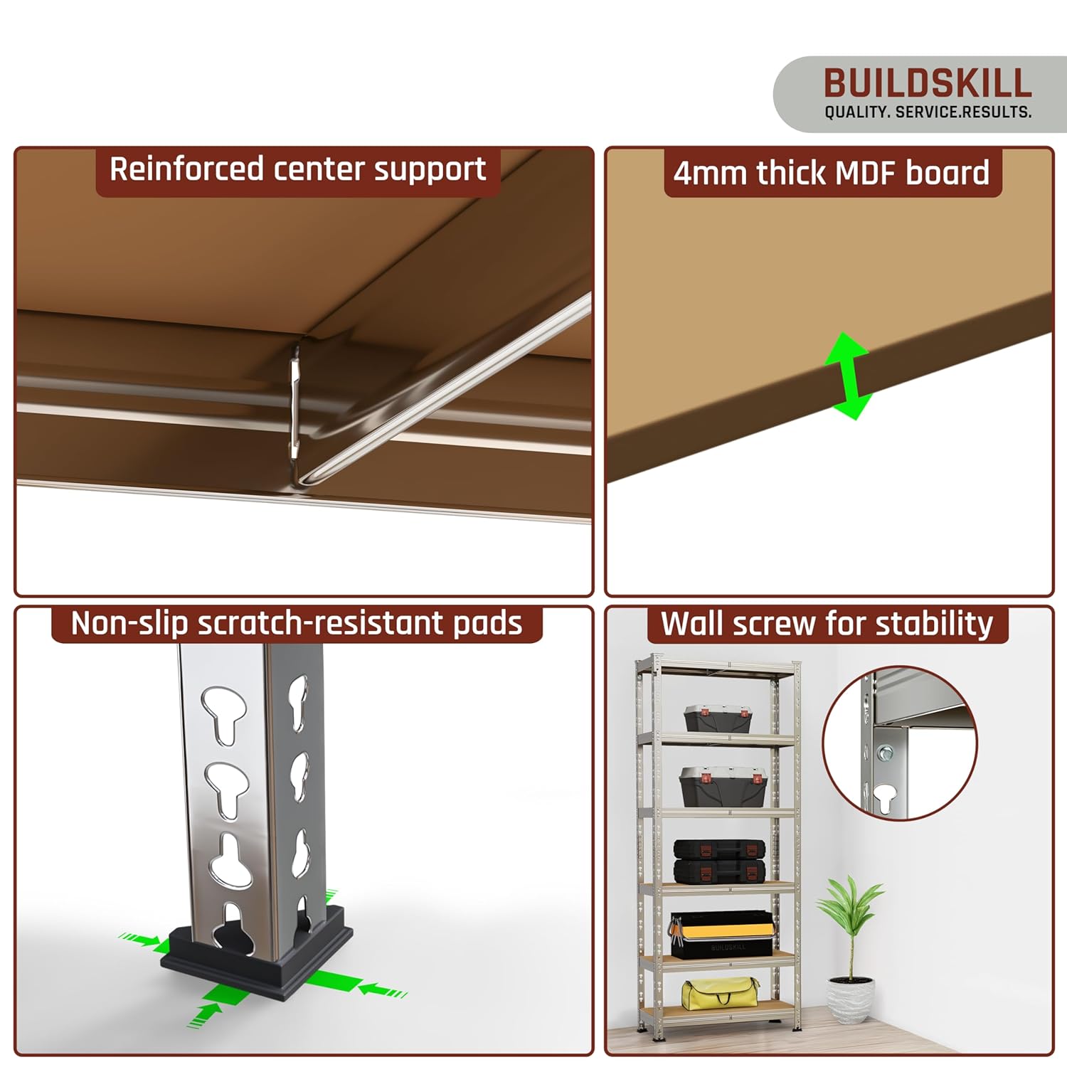 BUILDSKILL 6-Tier Multipurpose Storage Rack | Bolt-Free Assembly | Galvanized Metal | Thick MDF Board | 175Kg Capacity Per Shelf | 170x70x30cm Adjustable Shelf Rack for Home, Garage & Shop | Silver
