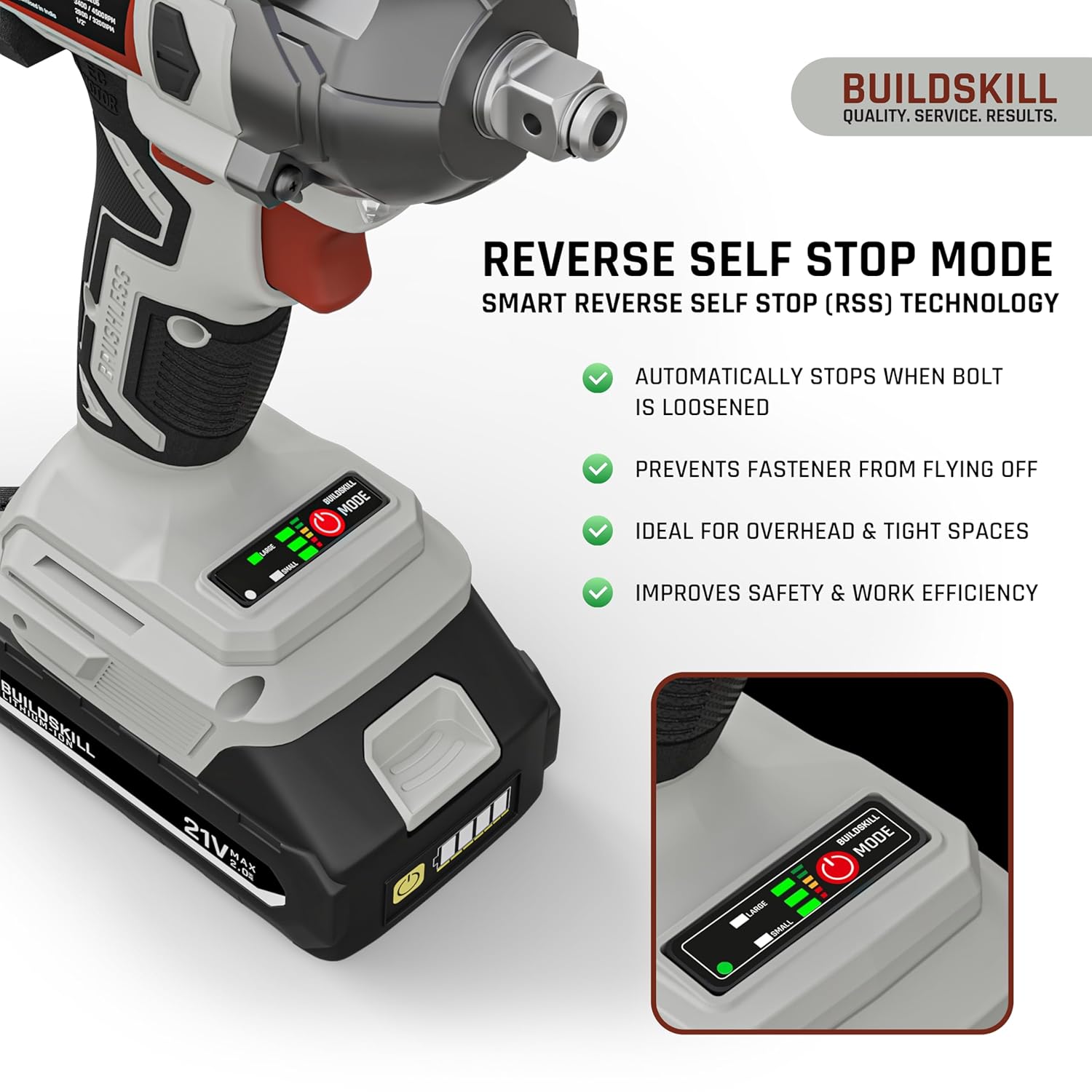 BUILDSKILL 21V - 1/2" 400NM BLDC Cordless Impact Wrench Set | 2 x 2.0Ah Battery | 10 Pcs Socket + 10 Pcs Screwdriver Bit | LED Light | 3400-4500 RPM | 2800-3200 Impact Rate | 2.0A Fast Charger