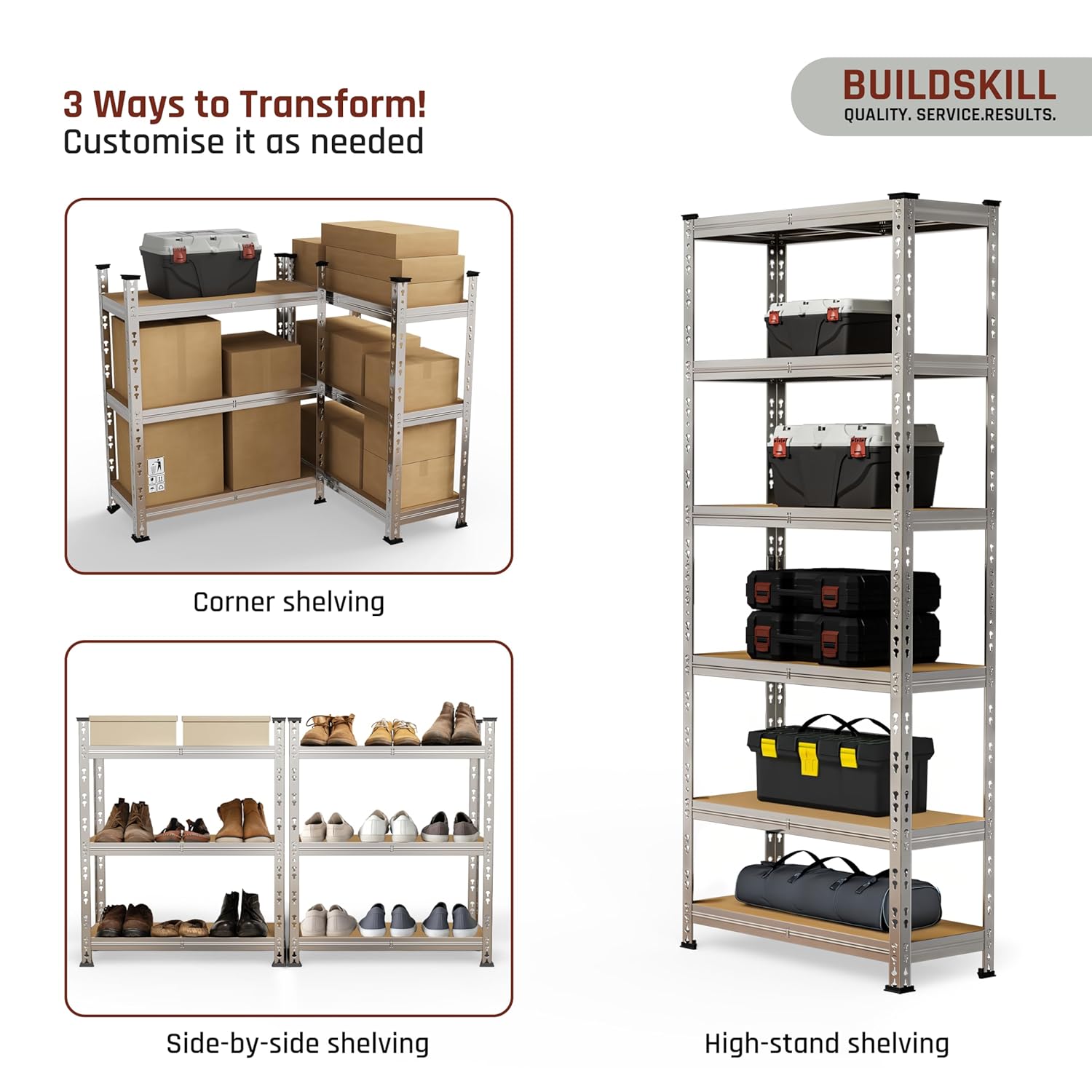 BUILDSKILL 6-Tier Multipurpose Storage Rack | Bolt-Free Assembly | Galvanized Metal | Thick MDF Board | 175Kg Capacity Per Shelf | 170x70x30cm Adjustable Shelf Rack for Home, Garage & Shop | Silver