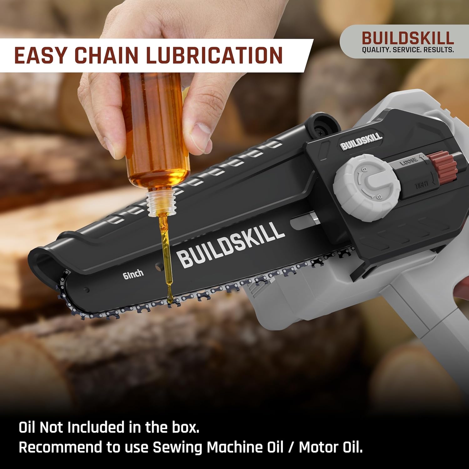 BUILDSKILL 21V Cordless Chainsaw Machine | 6 inch Bar | 3600 RPM Copper Motor | 2 x 1.5AH Battery | Chain tensioning button, safety lock | Mini Chainsaw Machine for Wood Cutting, Gardening & DIY Use