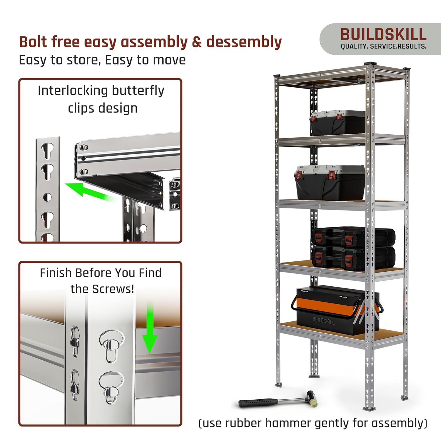 BUILDSKILL 5-Tier Multipurpose Storage Rack | Bolt-Free Assembly | Galvanized Metal | Thick MDF Board | 175kg Capacity Per Shelf | 170x70x30cm Adjustable Shelf Rack for Home, Garage & Shop | Silver