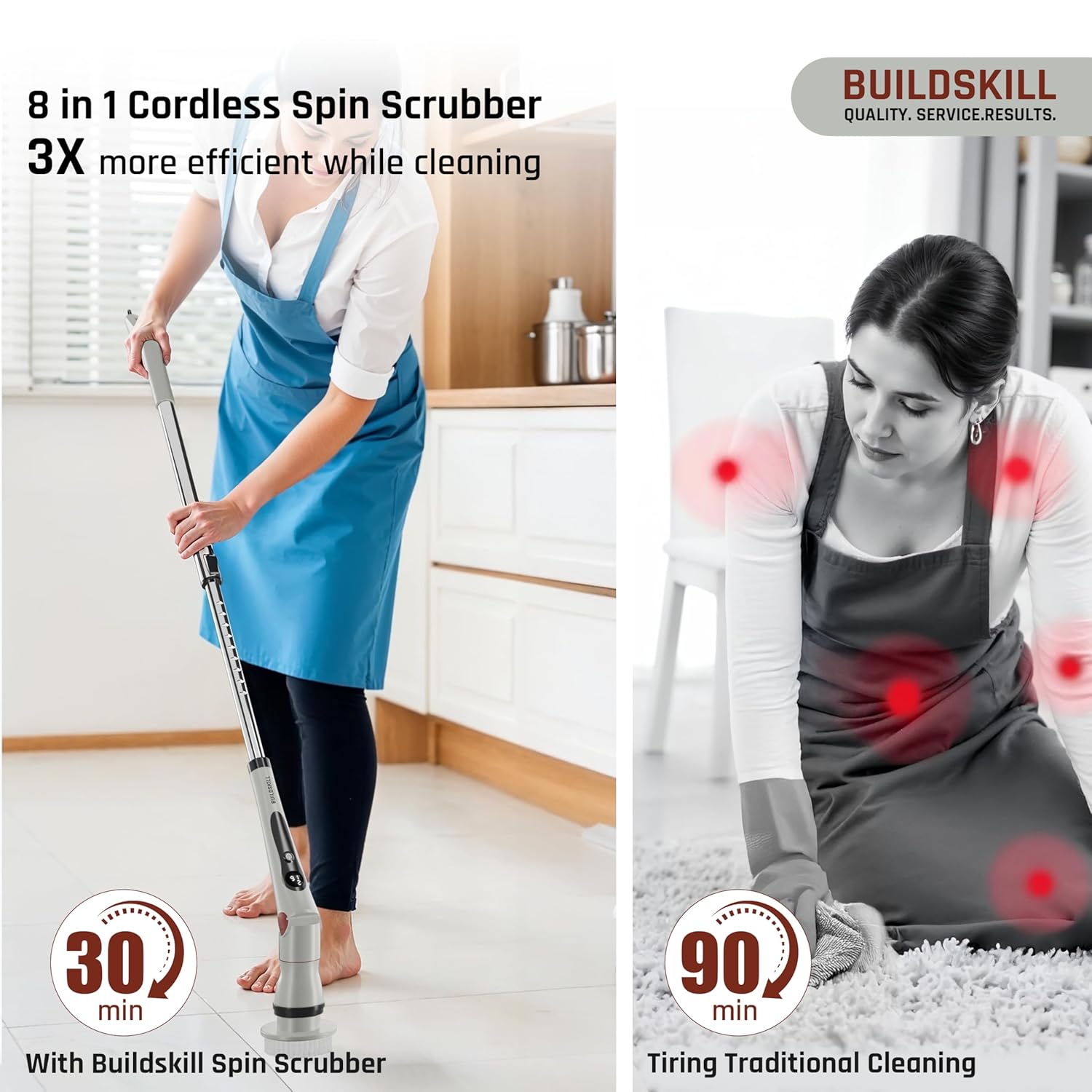 BUILDSKILL 8 in 1 Electric Spin Scrubber with LED Display | IPX6 Waterproof | 3 Speeds | 4 Angles | Telescopic SS Handle | 2.5Ah | C-Type | Tiles, Slabs, Windows & Bathroom Cleaning Brush Electric