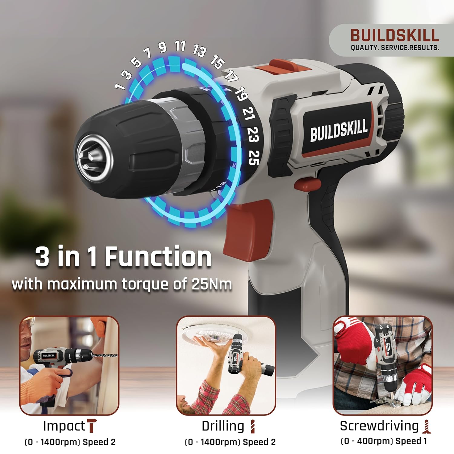 BUILDSKILL 69 Pcs | 12V Cordless Drill Machine Tool Kit 10MM Keyless Chuck,Copper Armature, 3M Auto Measuring Tape, CRV Bits, TPR Screwdriver | Home Tools Box Kit with Drill Machine (6 Month Warranty)
