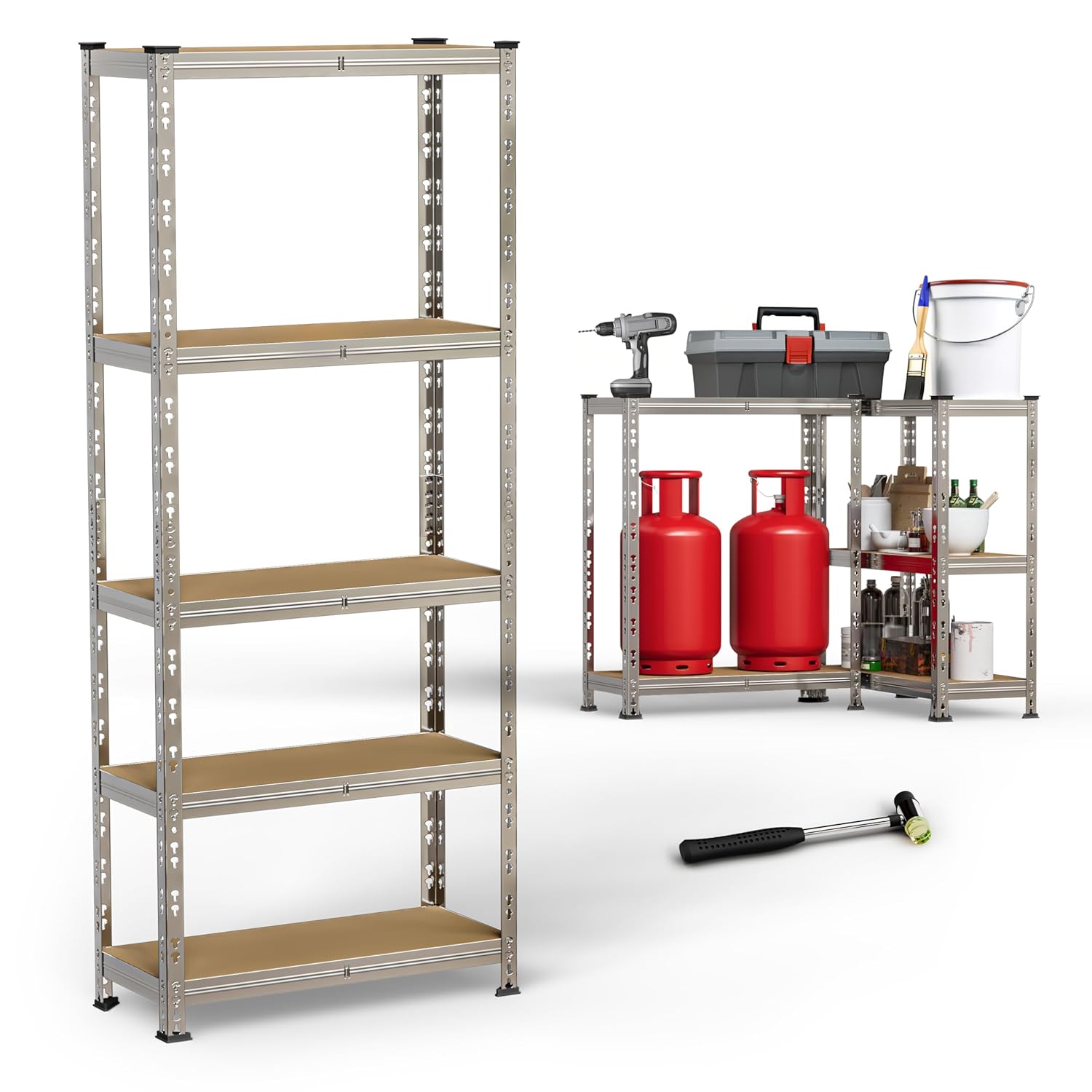 BUILDSKILL 5-Tier Multipurpose Storage Rack | Bolt-Free Assembly | Galvanized Metal | Thick MDF Board | 175kg Capacity Per Shelf | 170x70x30cm Adjustable Shelf Rack for Home, Garage & Shop | Silver
