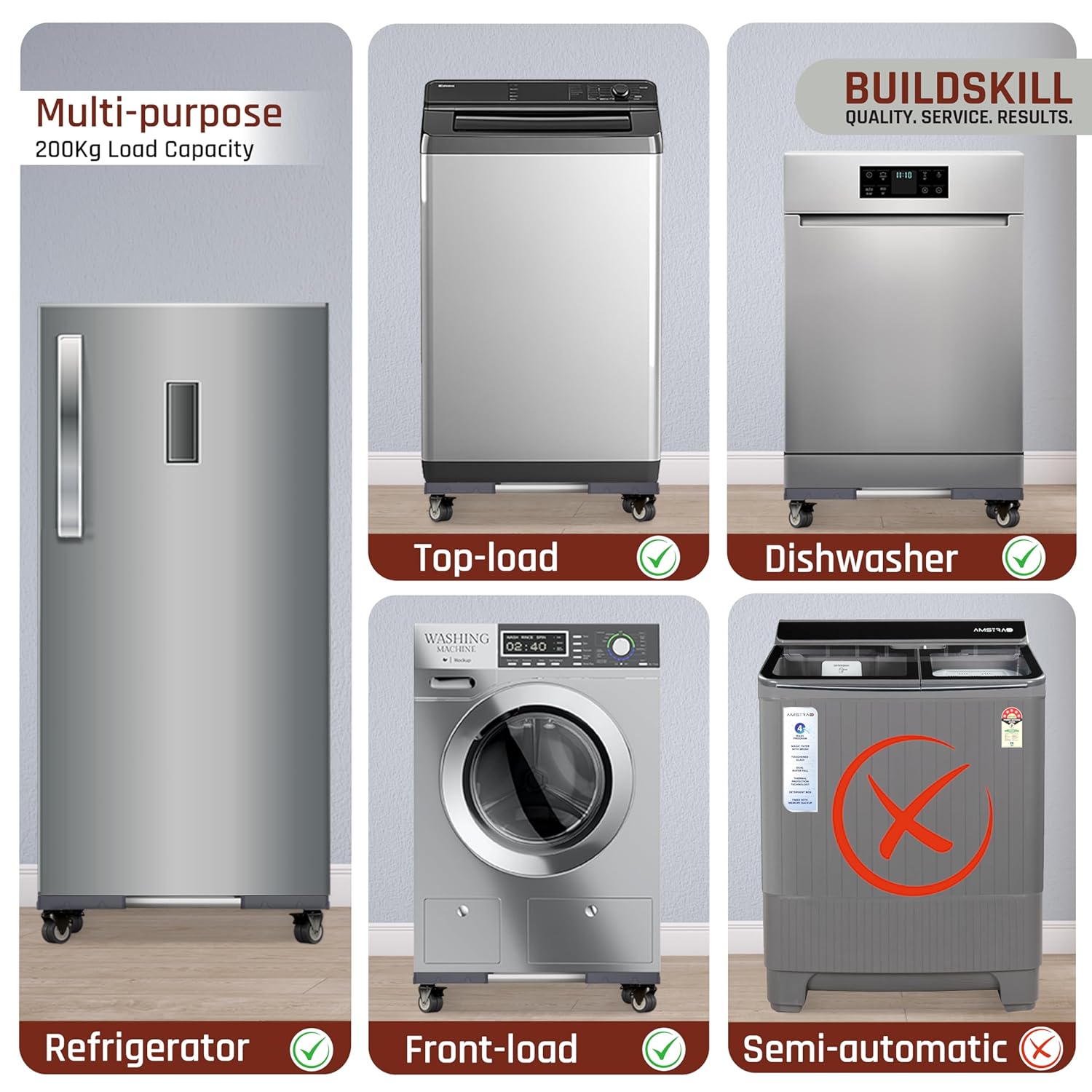 BUILDSKILL 200Kg Washing Machine Stand Adjustable | SS Tubes | 360° Rotating Double Wheels with Lock | Absorbs Vibration | Anti-Skid Top & Front Load Washing Machine Trolley (Grey)