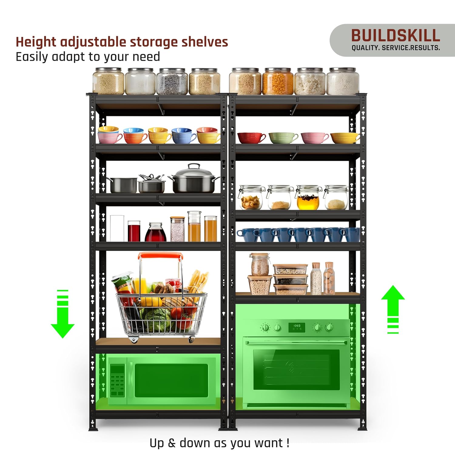 BUILDSKILL 6-Tier Multipurpose Storage Rack | Bolt-Free Assembly | Black Powder-Coated Galvanized Metal | Thick MDF Board | 175Kg Capacity Per Shelf | 170x70x30cm Adjustable Shelf Rack for Home & Shop