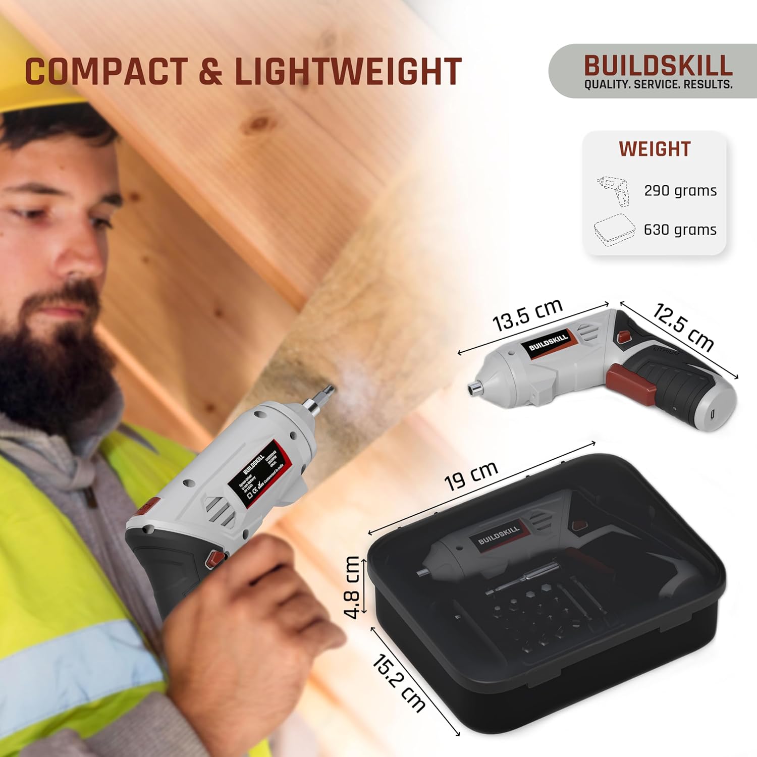 BUILDSKILL 4V Cordless Screw Driver Kit | 19 Pcs | 4 N.M. Torque | 250 RPM | Magnetic Chuck | 1.5AH Battery | Forward-Reverse | 2 position Handle Lock & LED Light | Type-C Charging cable included