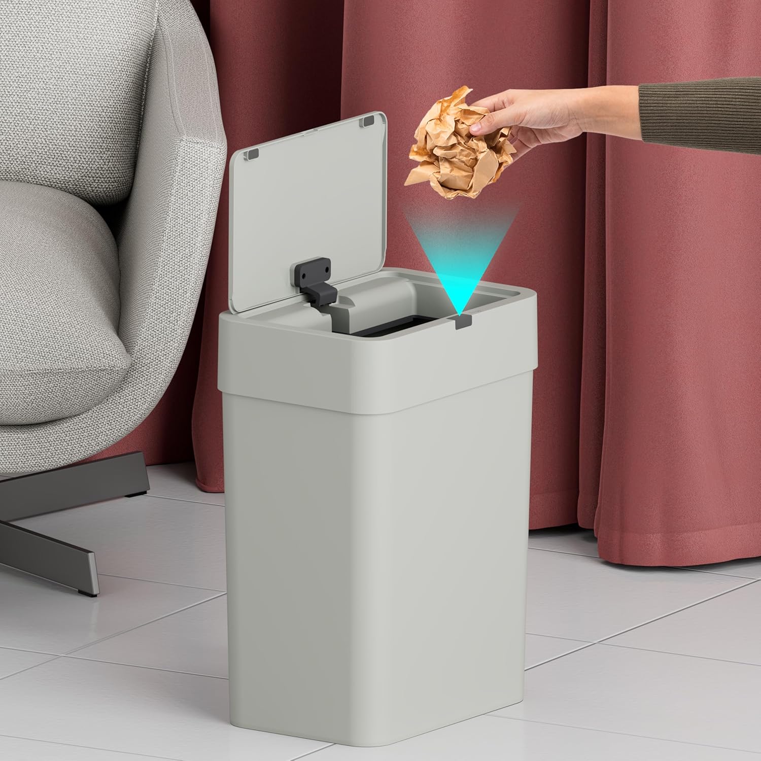 BUILDSKILL 15 Litre Smart Sensor Dustbin for Home | IPX5 Waterproof | 360° Odour Lock | Soft Close & Open | ABS Body | Compact Size | Convenient & Hygienic | Touchless Smart Dustbin for Home (Grey)