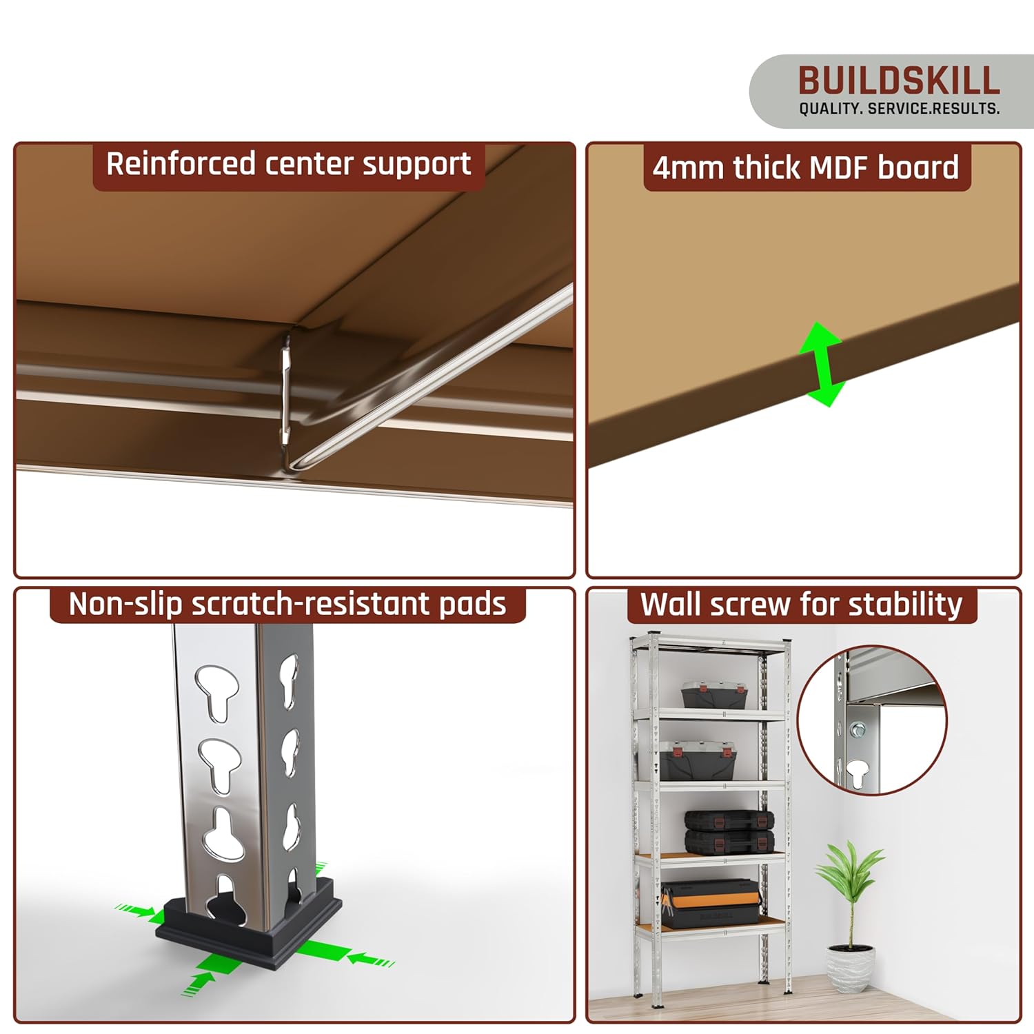 BUILDSKILL 5-Tier Multipurpose Storage Rack | Bolt-Free Assembly | Galvanized Metal | Thick MDF Board | 175kg Capacity Per Shelf | 170x70x30cm Adjustable Shelf Rack for Home, Garage & Shop | Silver