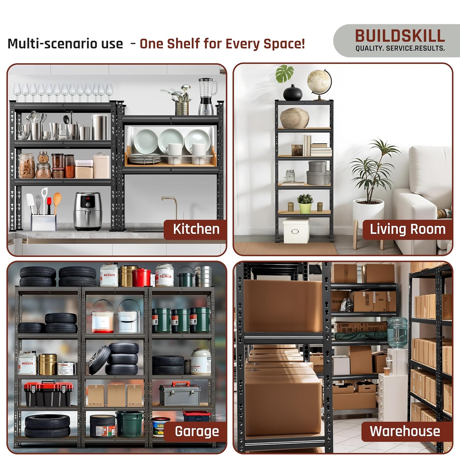 BUILDSKILL 5-Tier Multipurpose Storage Rack | Bolt-Free Assembly | Black Powder-Coated Galvanized Metal | Thick MDF Board | 175Kg Capacity Per Shelf | 170x70x30cm Adjustable Shelf Rack for Home & Shop