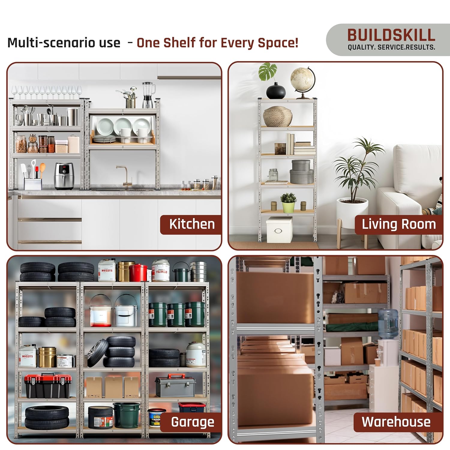 BUILDSKILL 5-Tier Multipurpose Storage Rack | Bolt-Free Assembly | Galvanized Metal | Thick MDF Board | 175kg Capacity Per Shelf | 170x70x30cm Adjustable Shelf Rack for Home, Garage & Shop | Silver