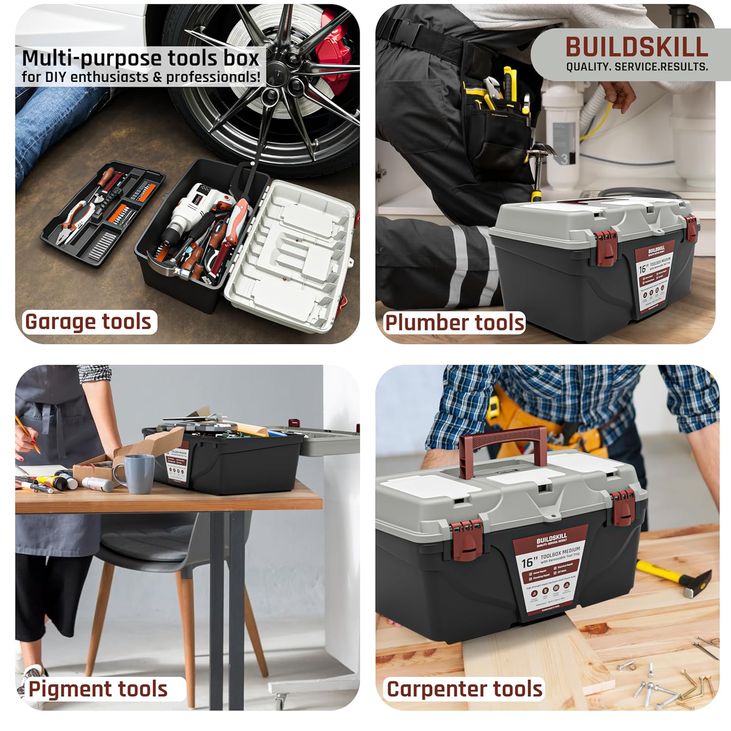 BUILDSKILL 16" Medium Tool Box for Home | Convenient Top Lids & Removable Tool Tray | Secure Latch Lock | Key Hole | Heavy Duty Impact Resistant Body | Ideal Repair Toolbox for DIY & Professional Use