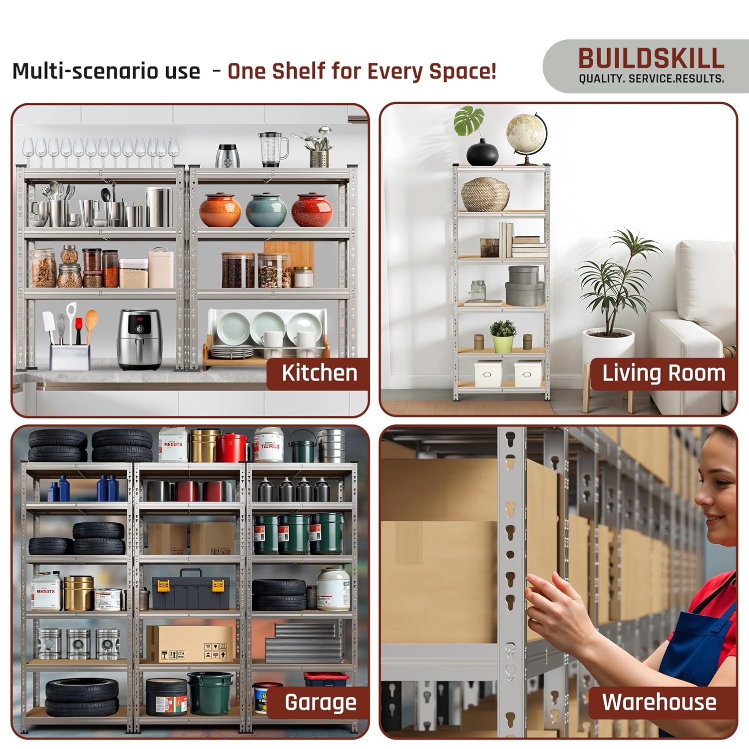 BUILDSKILL 6-Tier Multipurpose Storage Rack | Bolt-Free Assembly | Galvanized Metal | Thick MDF Board | 175Kg Capacity Per Shelf | 170x70x30cm Adjustable Shelf Rack for Home, Garage & Shop | Silver