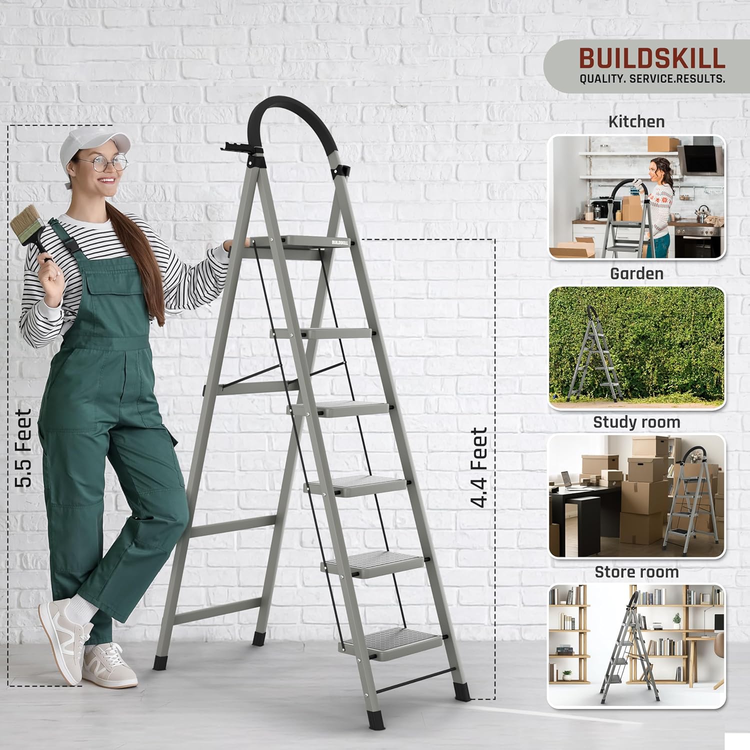 BUILDSKILL Ladder for Home 6 Steps Foldable with Built-in Tool Tray | Heavy Duty D Shape Rods | 20 x 30cm Large Platform | Wide Rubber Feet | Secure Lock | 150Kg Capacity - 5 Years Warranty