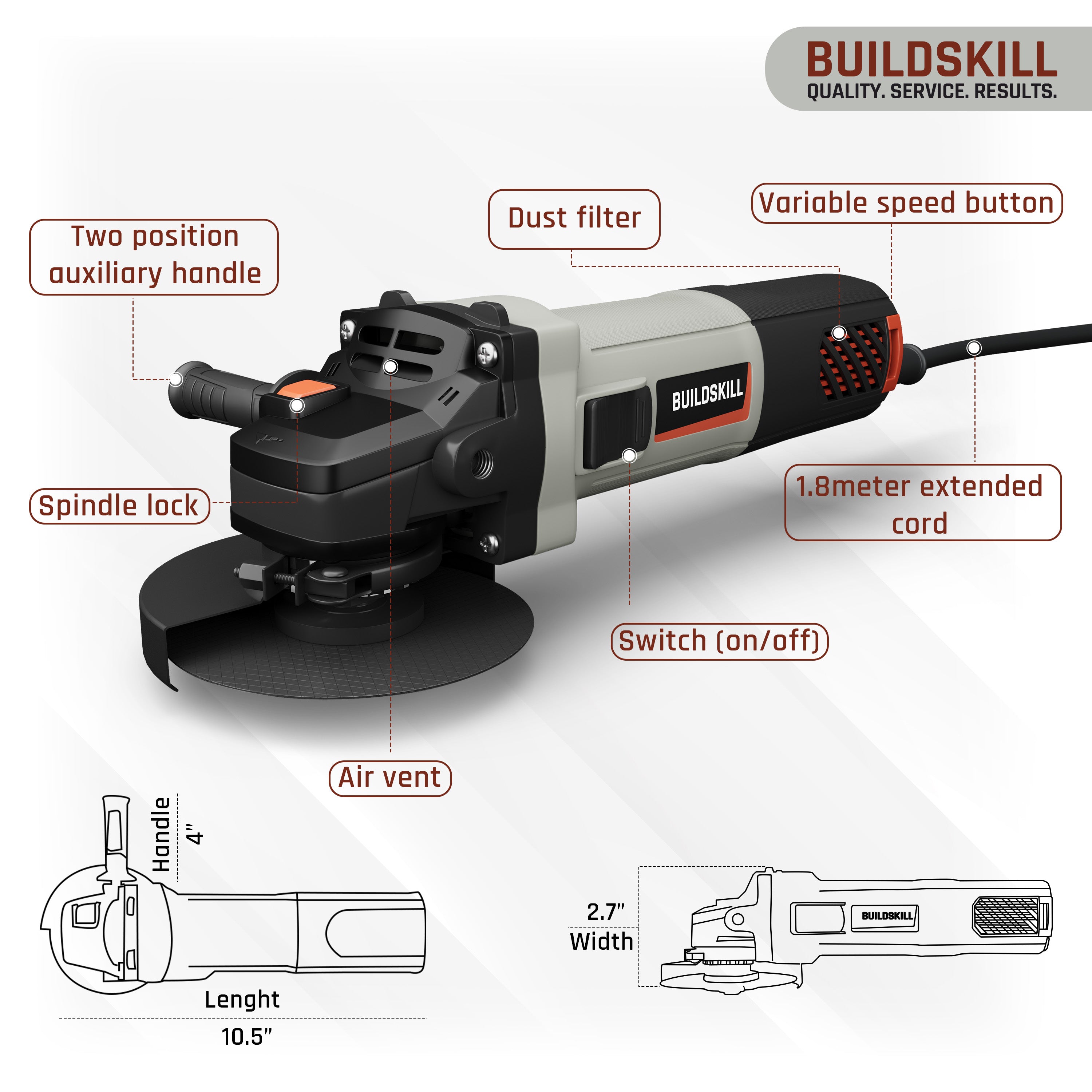 Buildskill 1100W Angle Grinder with Quick Change & Variable Speed (125MM)